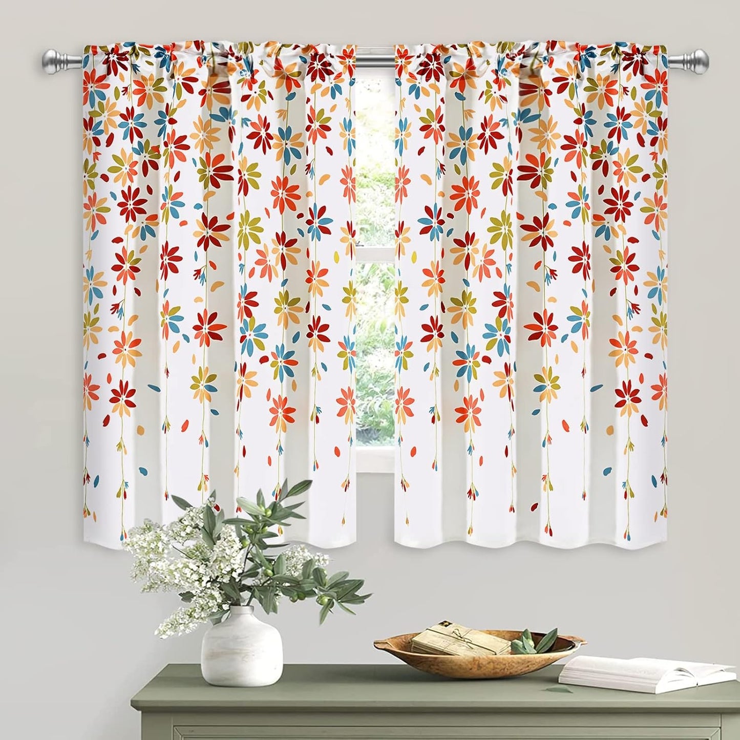 Alishomtll Falling Flower Kitchen Curtains Sets Tier Light Filtering Small Window Drapes Rod Pocket ,26"Wx36"L,2 Panels,Orange