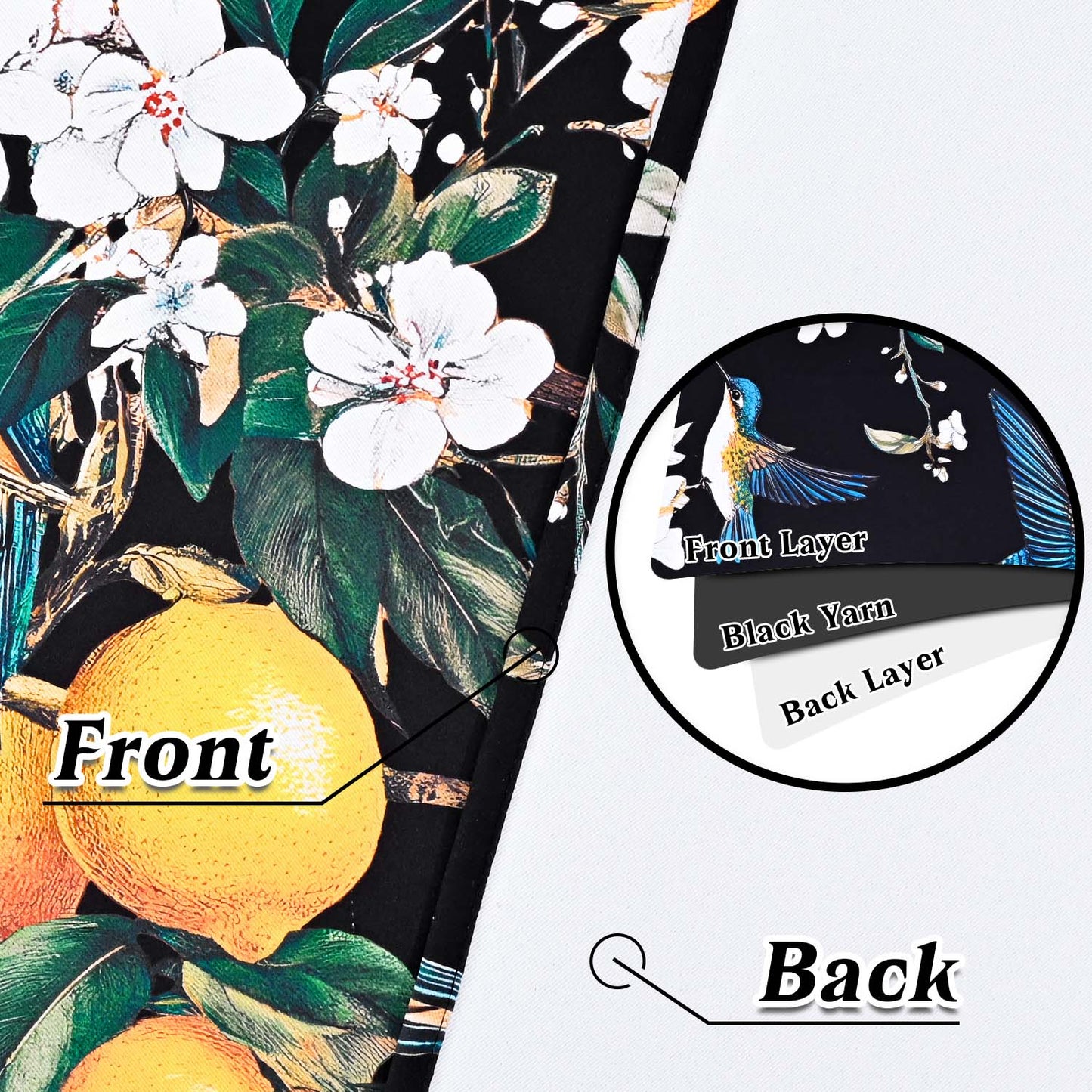 Alishomtll Floral Lemon Hummingbird Blackout Curtains Room Darkening Grommet Window Drapes for Living Room , 52" x84", ,Set of 2 Panels,Black