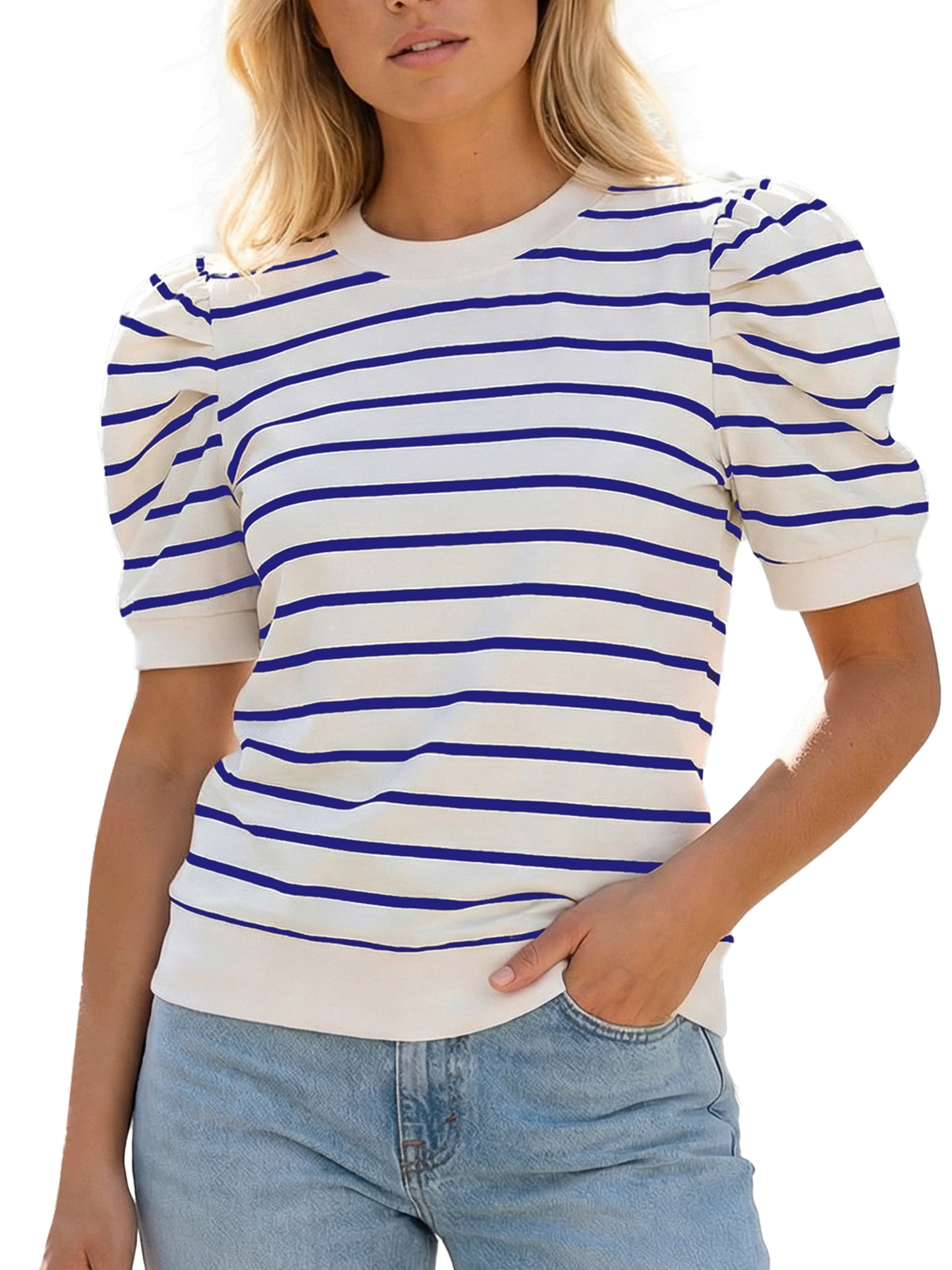 Gingprous Womens Puff Short Sleeve Striped Knit Top Casual Crewneck Blouse for Spring Summer