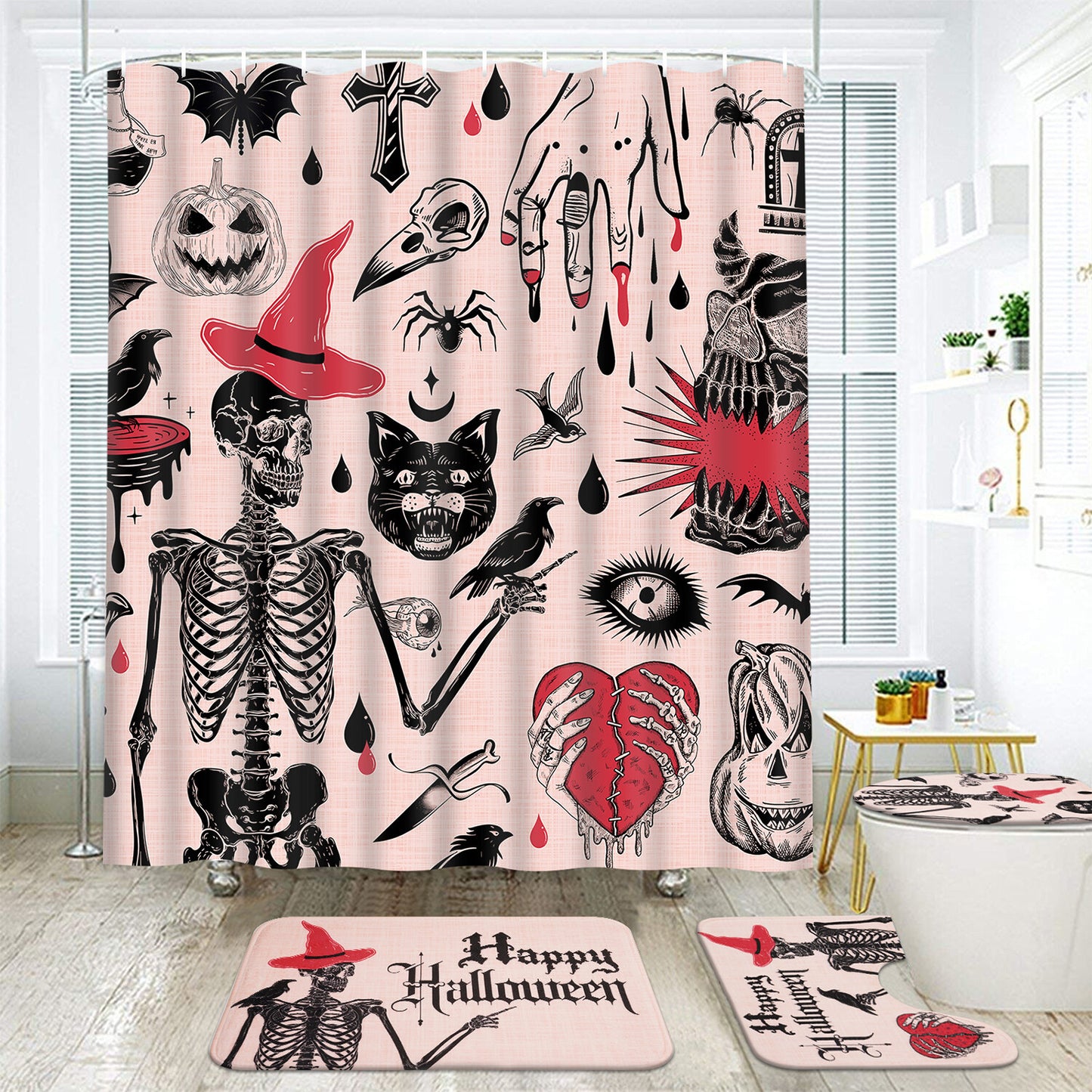 FRAMICS Halloween Shower Curtain Sets with Rugs, 16 Pc Scary Spooky Skeleton Devil Bat Bathroom Sets, Cute Pink Waterproof Fabric Shower Curtain with 12 Hooks and Toilet Rugs