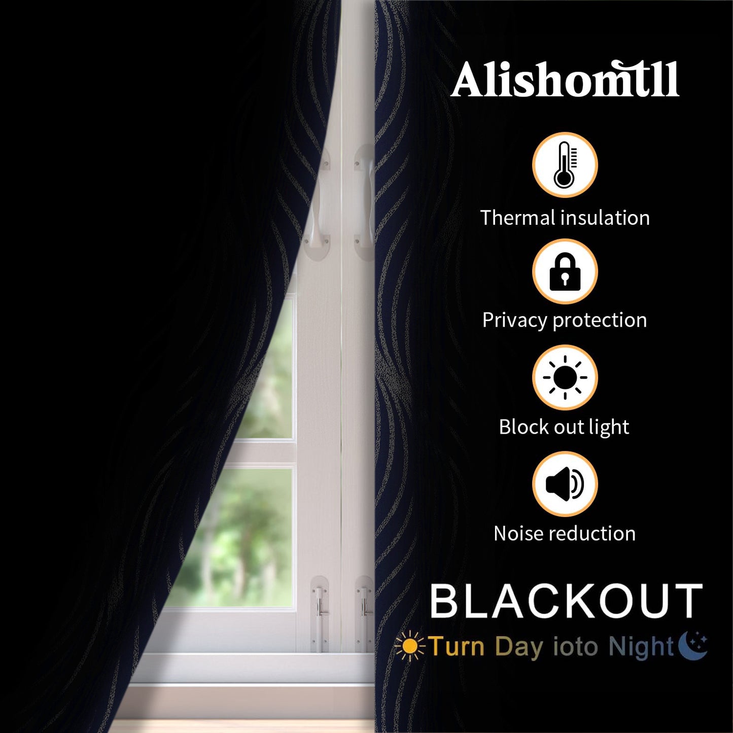 Alishomtll Navy Blue Blackout Curtains for Living Room ,Modern Metallic Silver Wave Pattern Bedroom Thermal Insulated Drapes ,2 Panel Set,52"x84"