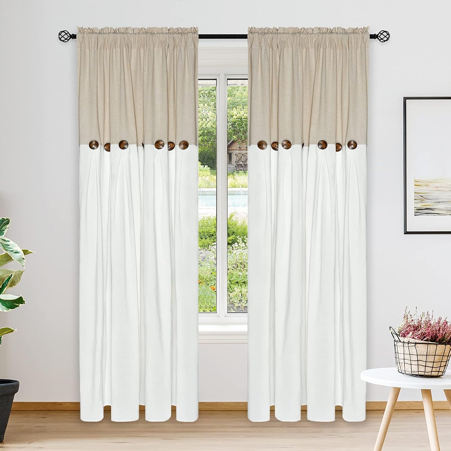 Alishomtll Linen Curtains Farmhouse Boho Button Light Filtering Window Drapes For Living Room Bedroom,Rod Pocket,84"L x 52"W, 2 Panel,White Linen