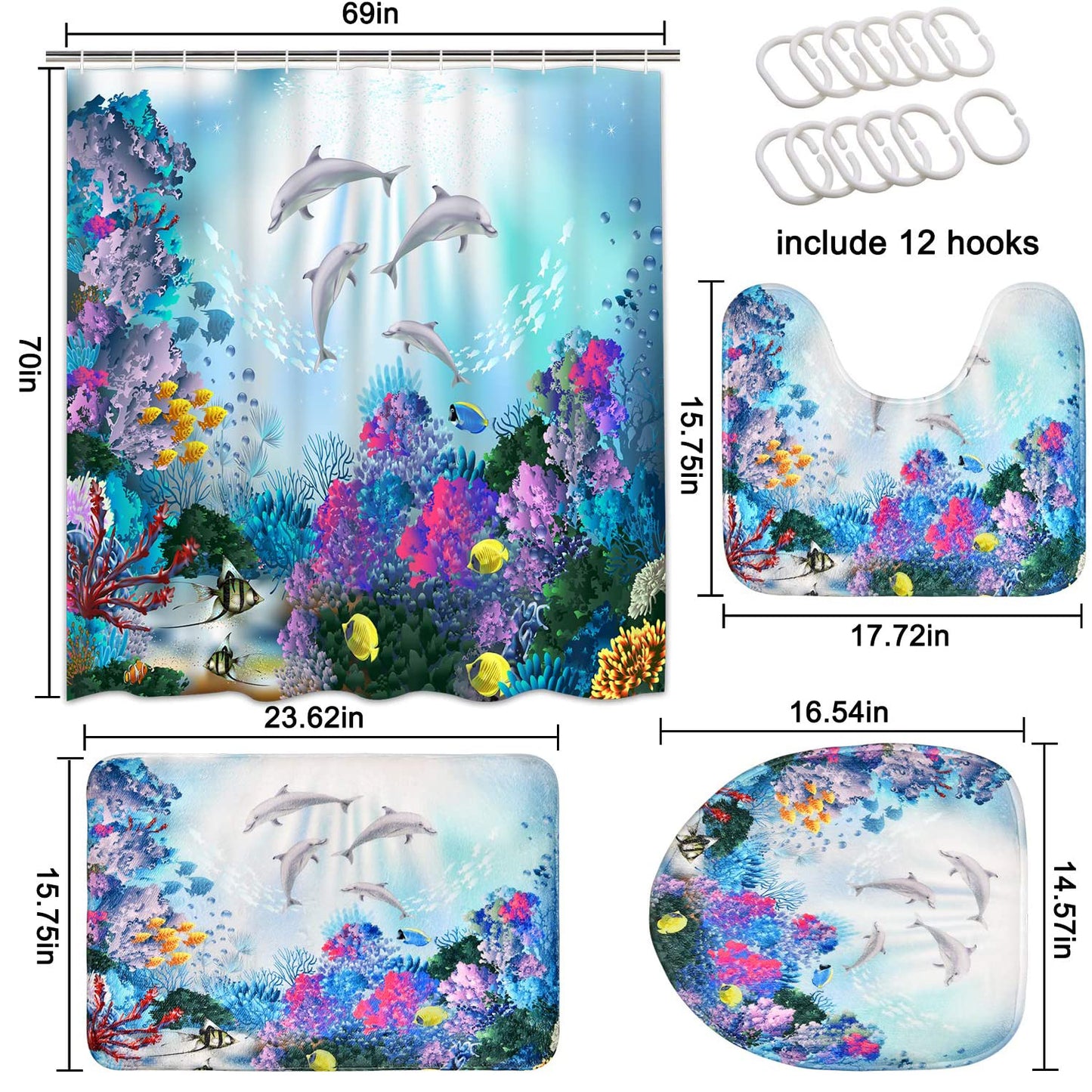 FRAMICS Blue Sea World Dolphin Shower Curtain and Rug Sets, 16 Pc Bathroom Sets with Non-Slip Rugs, Waterproof Fabric Shower Curtain with 12 Hooks for Bathroom