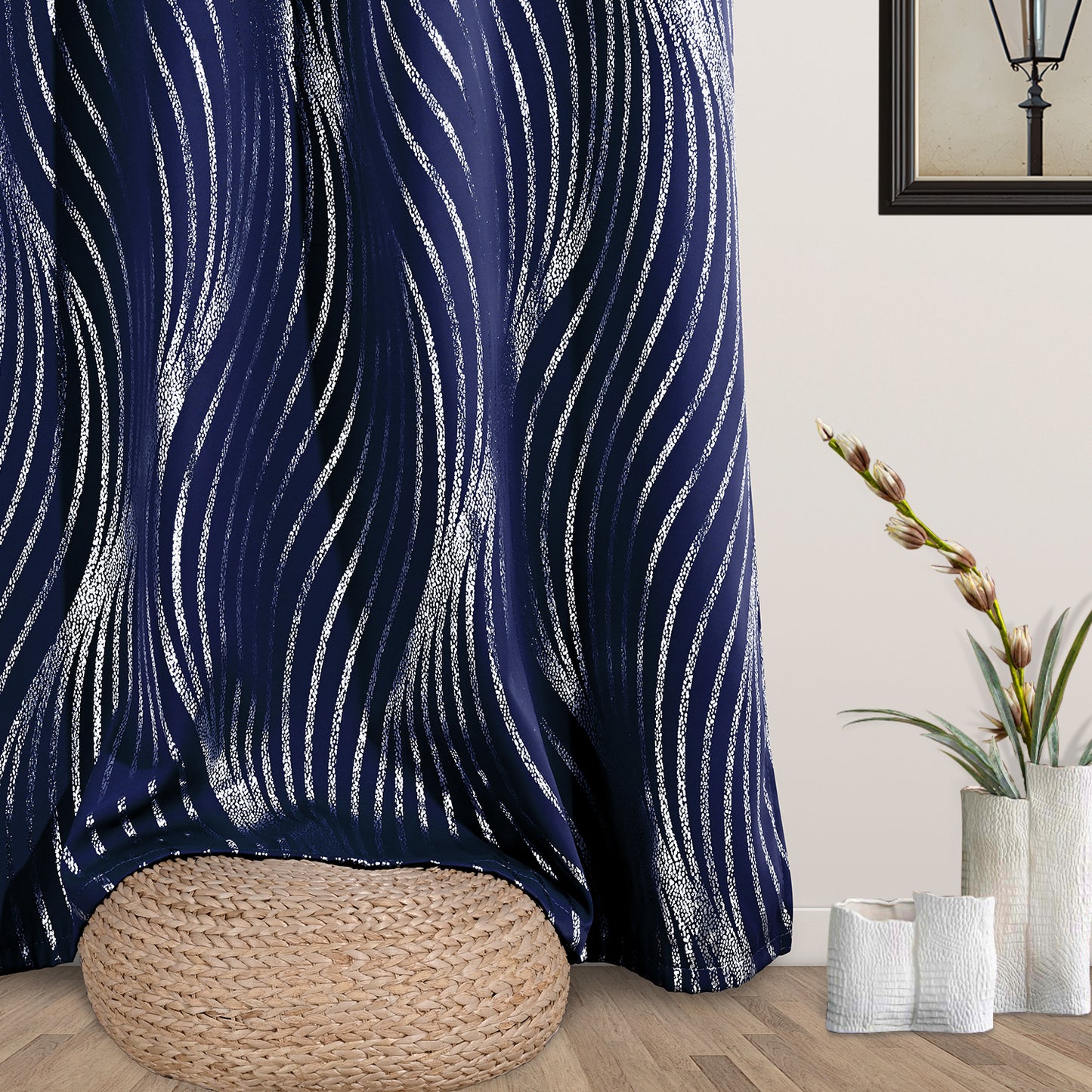 Alishomtll Navy Blue Blackout Curtains for Living Room ,Modern Metallic Silver Wave Pattern Bedroom Thermal Insulated Drapes ,2 Panel Set,52"x84"