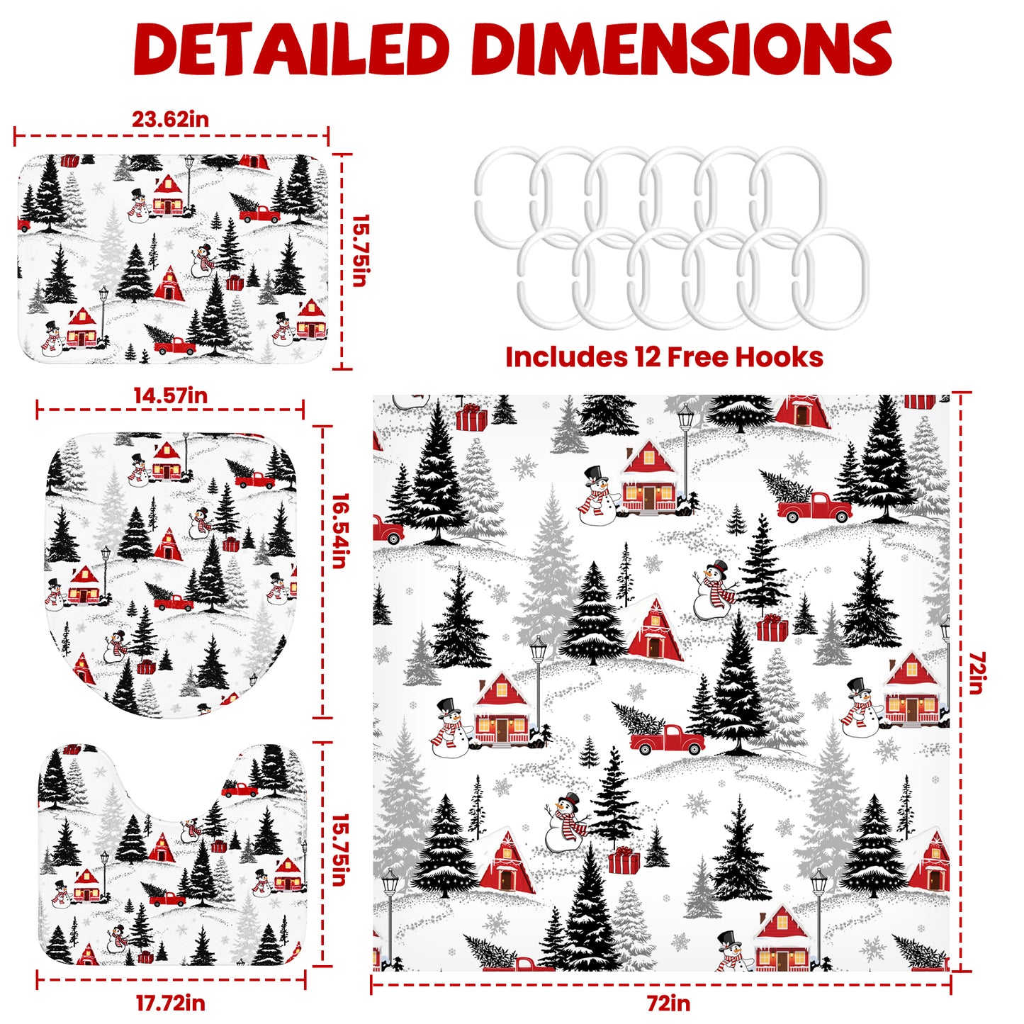FRAMICS Christmas Snowman Shower Curtain Sets with Rugs, 16 Pcs Pine Tree Truck Bathroom Sets, Waterproof Fabric Bathroom Curtain for Home Holiday Decor with Hooks