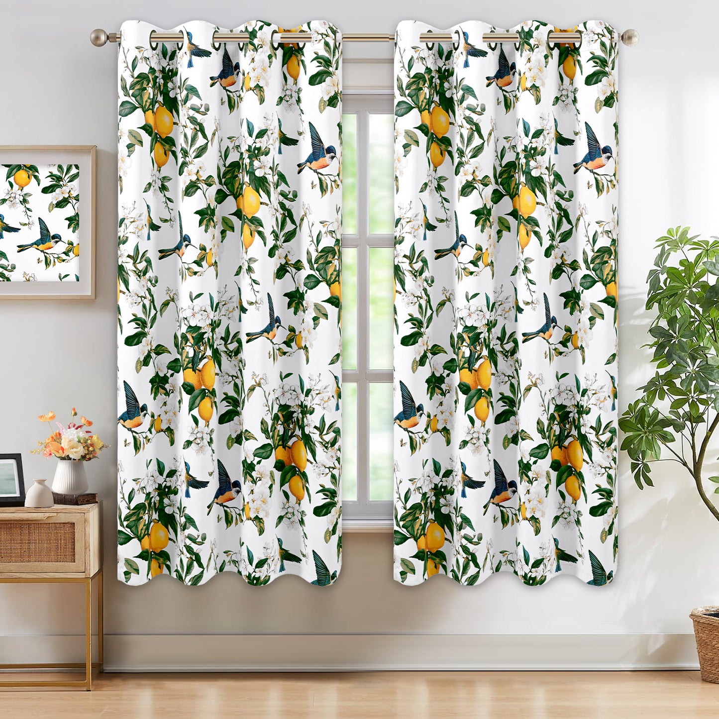 Alishomtll Floral Lemon Hummingbird Blackout Curtains Room Darkening Grommet Window Drapes for Living Room , 52"x63", ,Set of 2 Panels,White