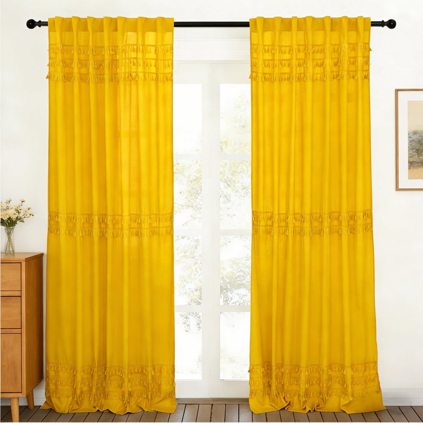 Alishomtll Boho Curtains for Living Room Semi Blackout Curtains with 8 Tassel Window Drapes Back Tab ,Mustard Yellow，52"Wx84"L，2 Panels