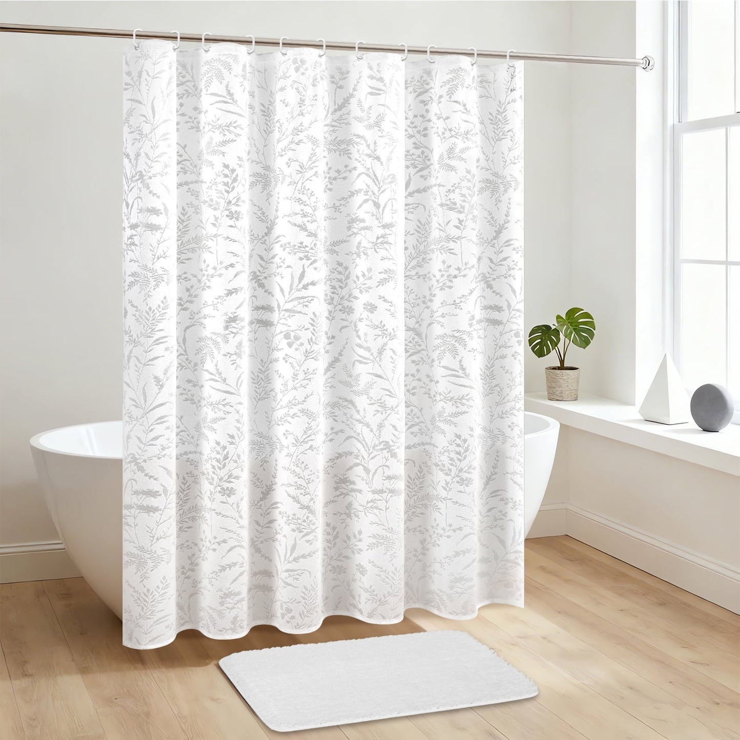 FRAMICS Vintage Lace Shower Curtain Sets with Rug and Hooks, Waterproof Fabric Semi Sheer Leaf Floral Bathroom Sets, Mold Resistant, White