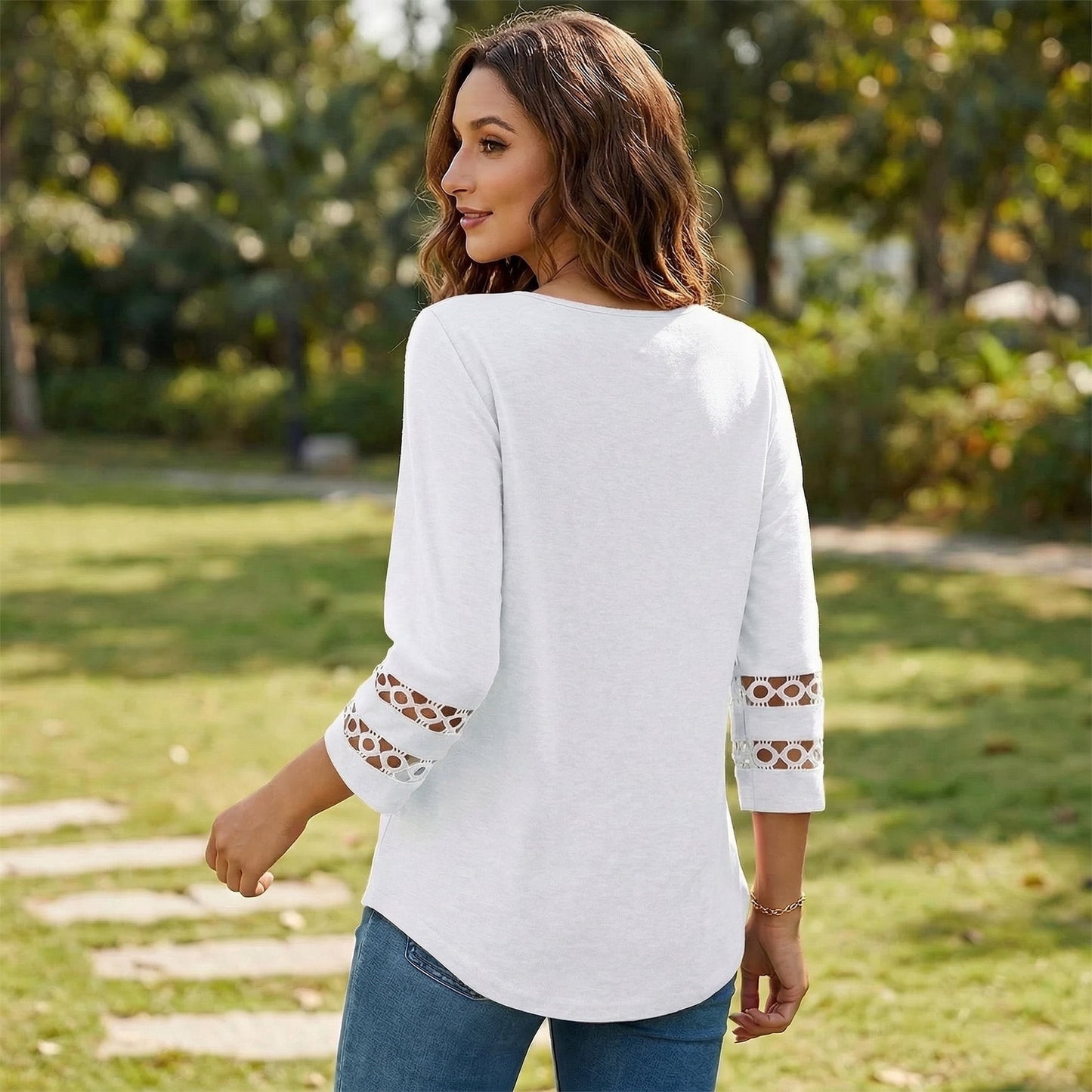 Gingprous 3/4 Sleeve Womens V-Neck Tunic Blouse Hollow Out Lace Sleeve Tops Curved Hem Casual Shirt