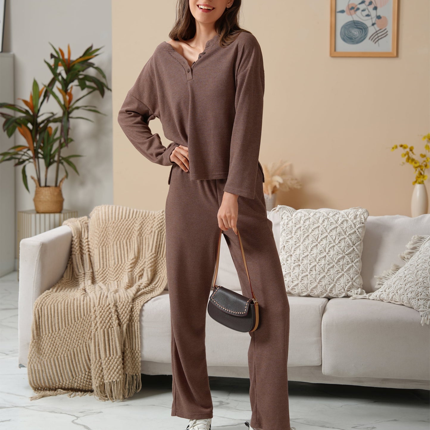 MecTo Womens Pajamas Sets Knit Pj Set V-neck Top with Long Pants Sleepwear 2 Piece Lounge Set