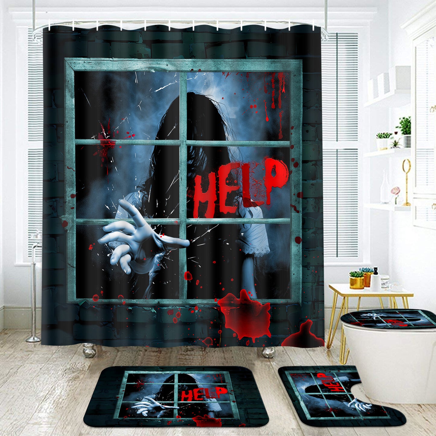 FRAMICS 16 Pc Halloween Shower Curtain Sets with Rugs, Help Me Bloody Hands Bathroom Sets, Scary Ghost Waterproof Fabric Shower Curtain with 12 Hooks and Toilet Rugs