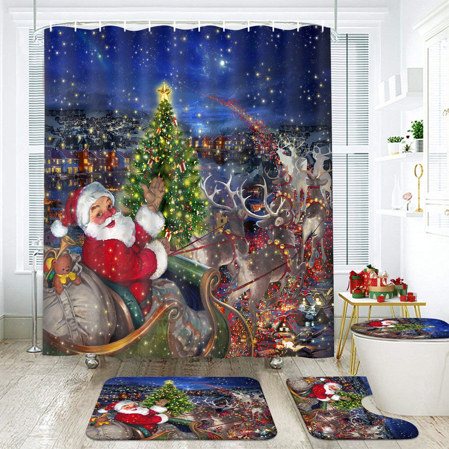 FRAMICS Christmas Shower Curtains and Bath Rug Set, Santa Reindeer Bathroom Decor Sets, Xmas Waterproof Fabric Shower Curtain with 12 Hooks and Toilet Rugs