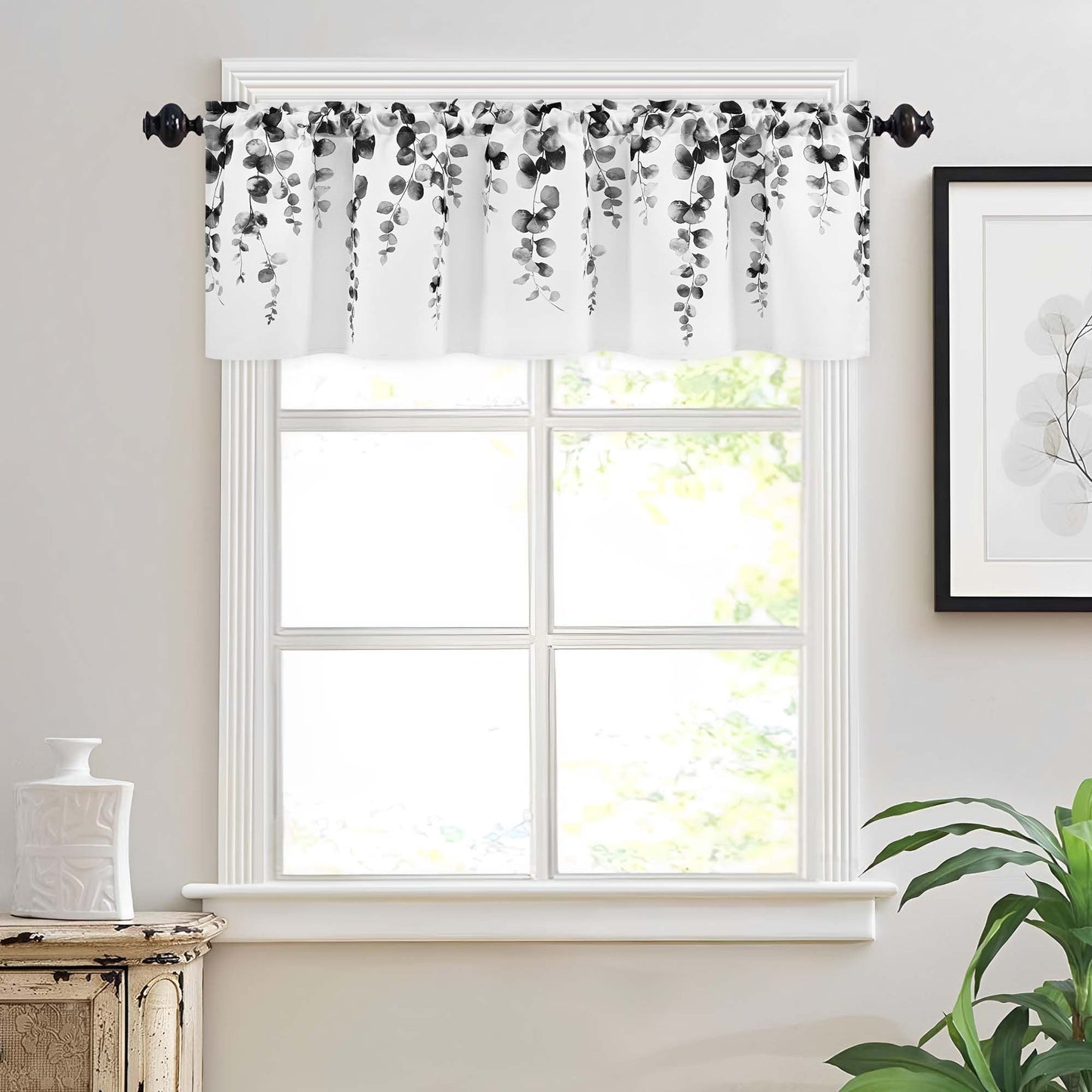 Alishomtll Valance Curtains for Living Room Bedroom Kitchen Windows Grey Watercolor Leaves Print ,52 x 18 inch,Rod Pocket