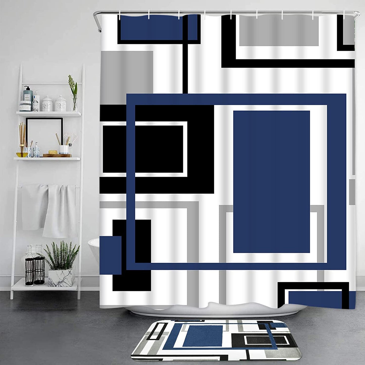 FRAMICS Blue Black Geometric Shower Curtain and Rug Sets, 16 Pc Modern Abstract Bathroom Sets, Waterproof Fabric Shower Curtain with 12 Hooks and Toilet Rugs