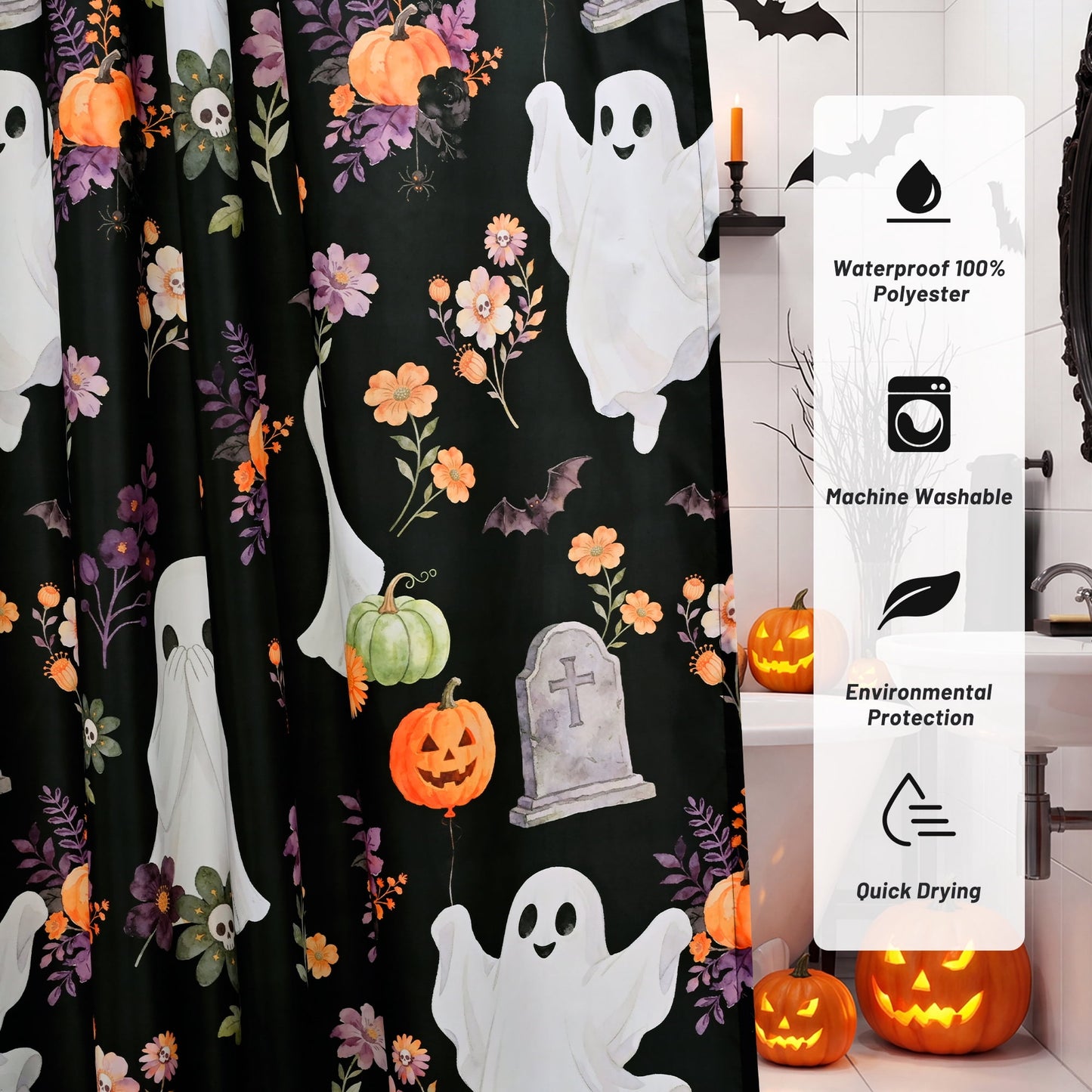 FRAMICS Halloween Cute Ghost Shower Curtain Sets with Rugs, 16-Piece Spooky Floral Pumpkin Bathroom Sets with Hooks, Waterproof Fabric Bathroom Decor 72" x 72"