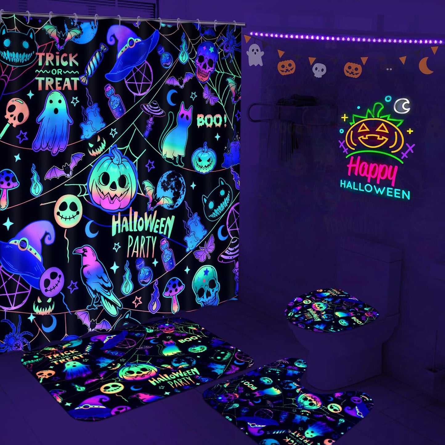 FRAMICS Halloween Blacklight Shower Curtain Sets with Rugs, 16 Pc Colorful Pumpkin Ghost Bathroom Sets, Waterproof Fabric Bathroom Curtain Decor with Hooks