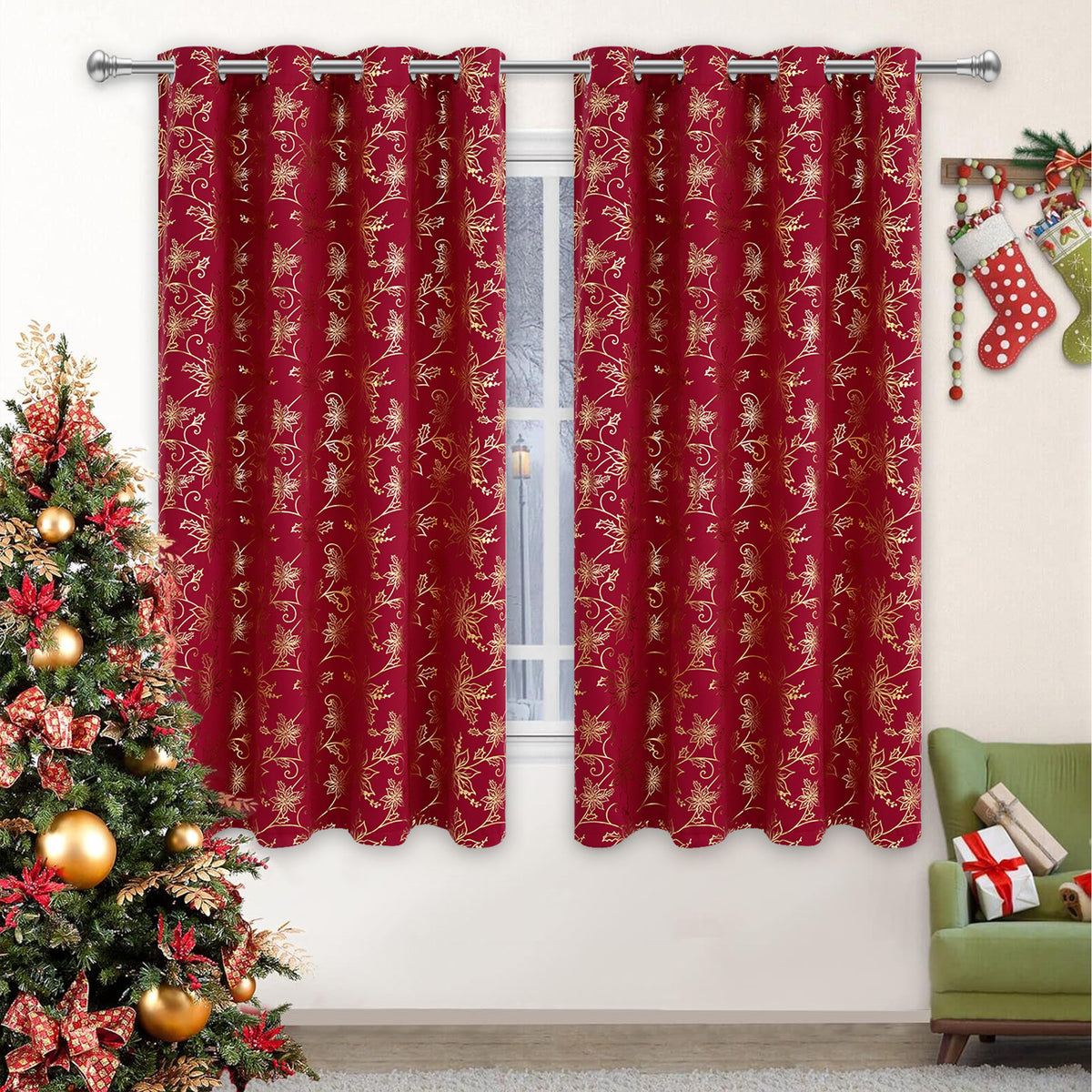 Alishomtll Red Christmas Blackout Curtains Golden Poinsettia Foil Print Room Darkening Window Drapes, 52" x 84"L, Set of 2 Panels