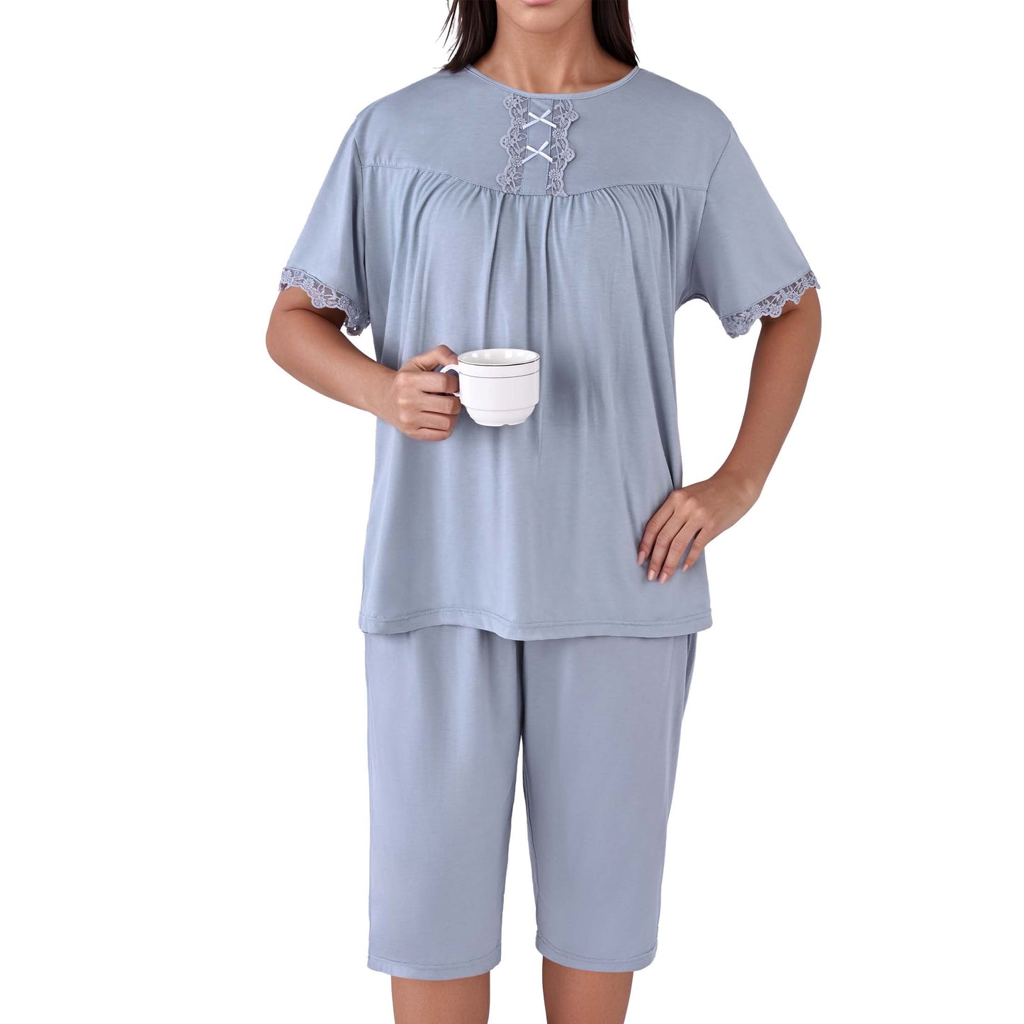 MecTo Womens Pajama Sets Cotton Lace Pj Set Short Sleeve Top with Capri Pants Sleepwear 2 Piece Lounge Set
