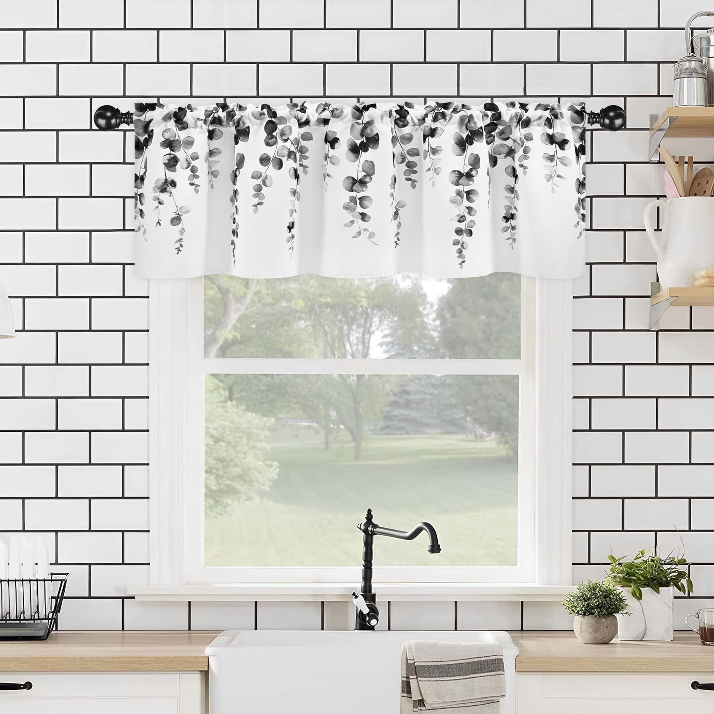 Alishomtll Valance Curtains for Living Room Bedroom Kitchen Windows Grey Watercolor Leaves Print ,52 x 18 inch,Rod Pocket