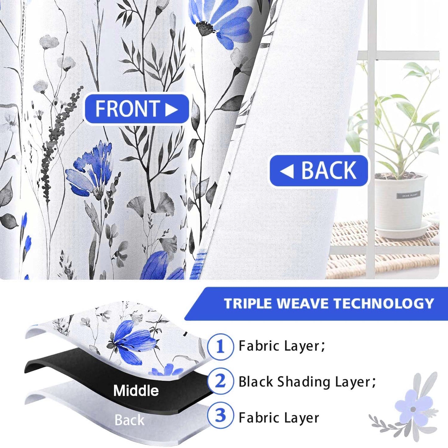 Alishomtll Blue Floral Blackout Curtains for Living Room Bedroom Energy Efficient Thermal Insulated Grommet Window Drapes, 52"x 84",Set of 2