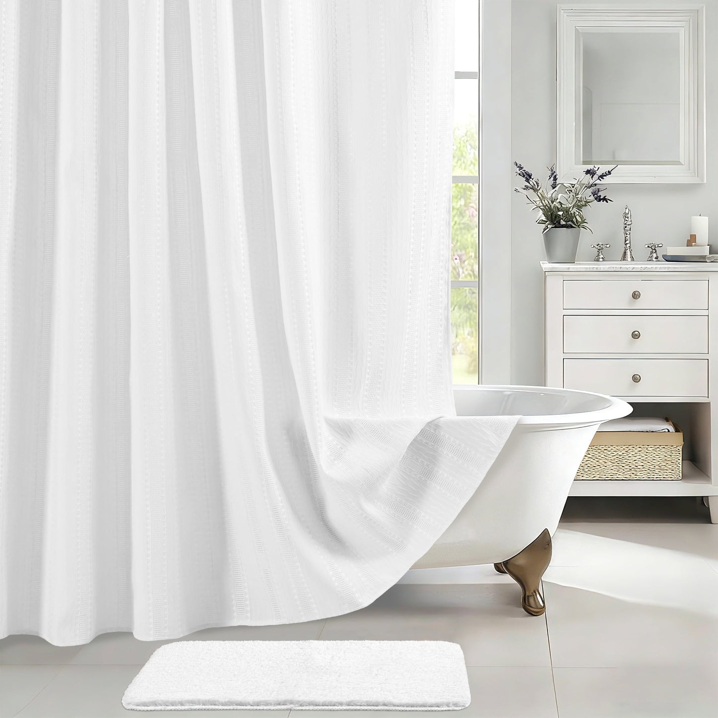 FRAMICS Waffle Shower Curtain Sets with Non-Slip Rug & 12 Hooks, Luxury Heavy Duty Waterproof Fabric Bathroom Sets, 72" x 72", White