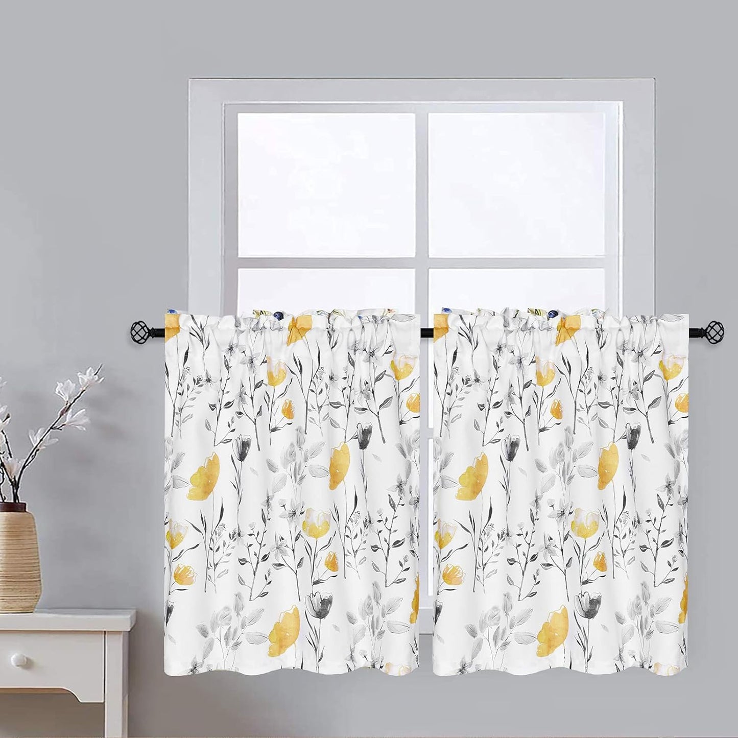 Alishomtll Kitchen Curtains Yellow Floral Watercolor Print Tier Curtains Light Filtering Rod Pocket Small Window Curtain Sets,26"Wx24"L,2 Panels