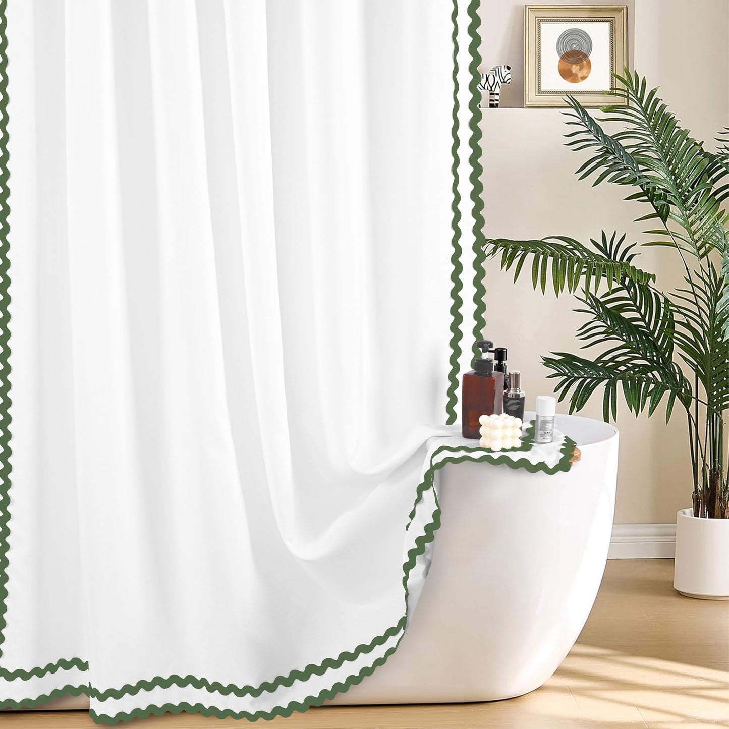 FRAMICS Sage Green Scalloped Shower Curtain Sets with Rug, 14 Piece Fabric Bathroom Sets with Hooks, Heavy-Duty Slub Textured & Waterproof, 72" x 72"