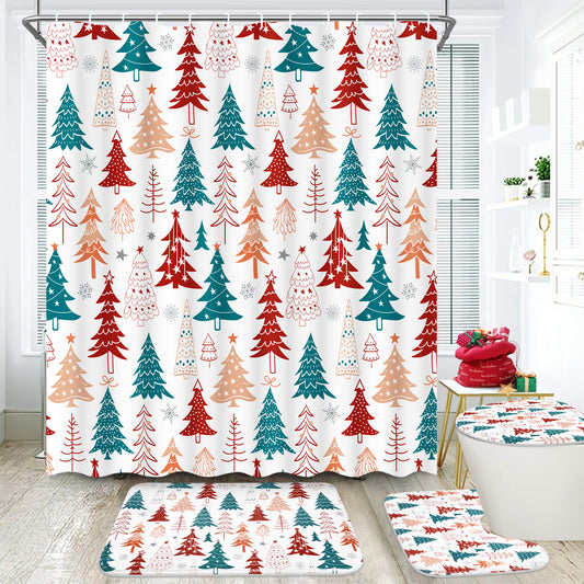 FRAMICS Christmas Shower Curtain Sets with Rugs, 16 Pcs Xmas Tree Snowflake Bathroom Sets, Waterproof Fabric Bathroom Curtain for Home Holiday Decor with Hooks