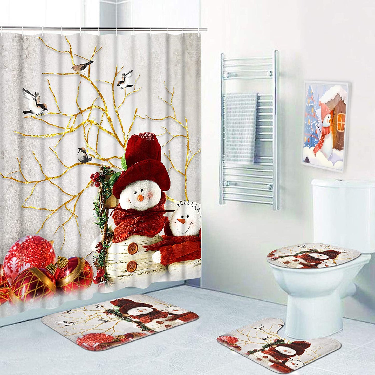 FRAMICS Christmas Shower Curtains and Bath Rug Set, Winter Snowman Bathroom Decor Sets, Xmas Waterproof Fabric Shower Curtain with 12 Hooks and Toilet Rugs
