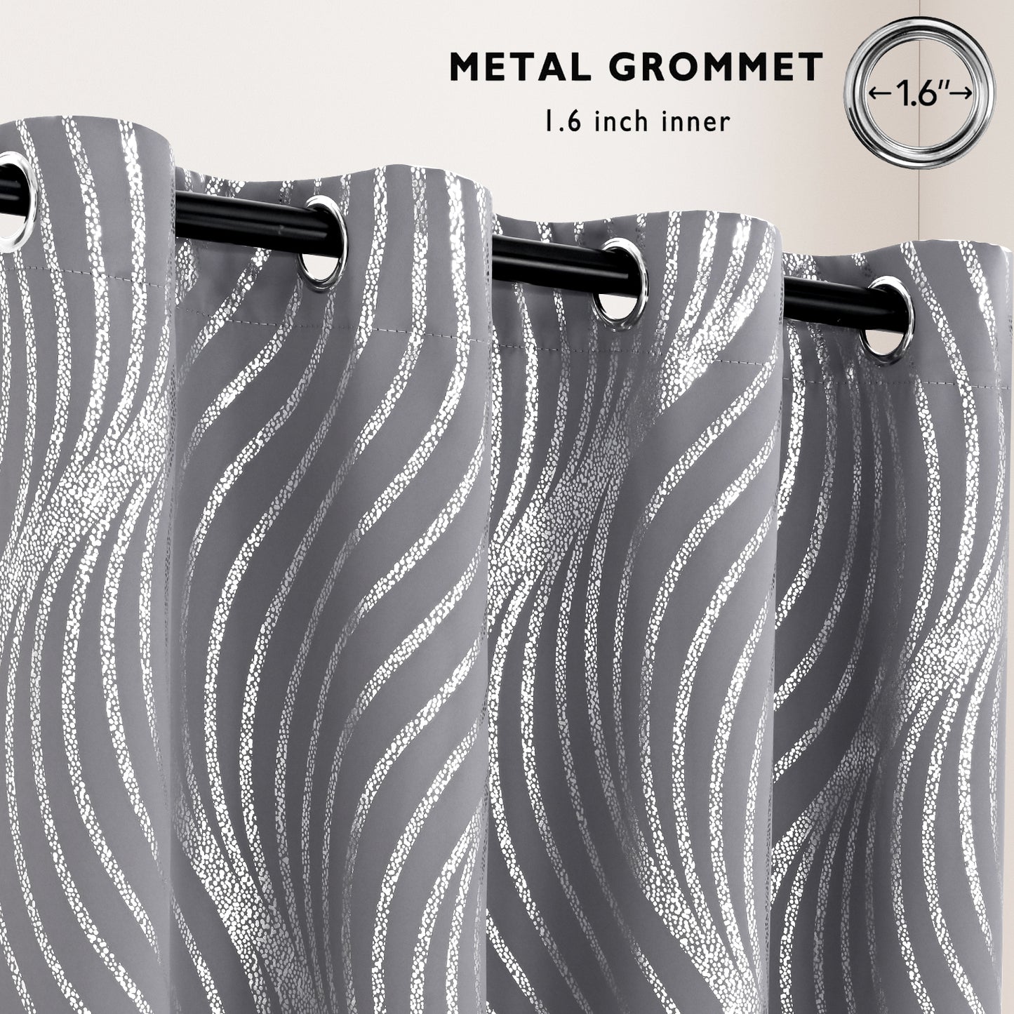 Alishomtll Grey Blackout Curtains for Living Room ,Modern Metallic Silver Wave Pattern Bedroom Thermal Insulated Drapes ,2 Panel Set,52"x84"