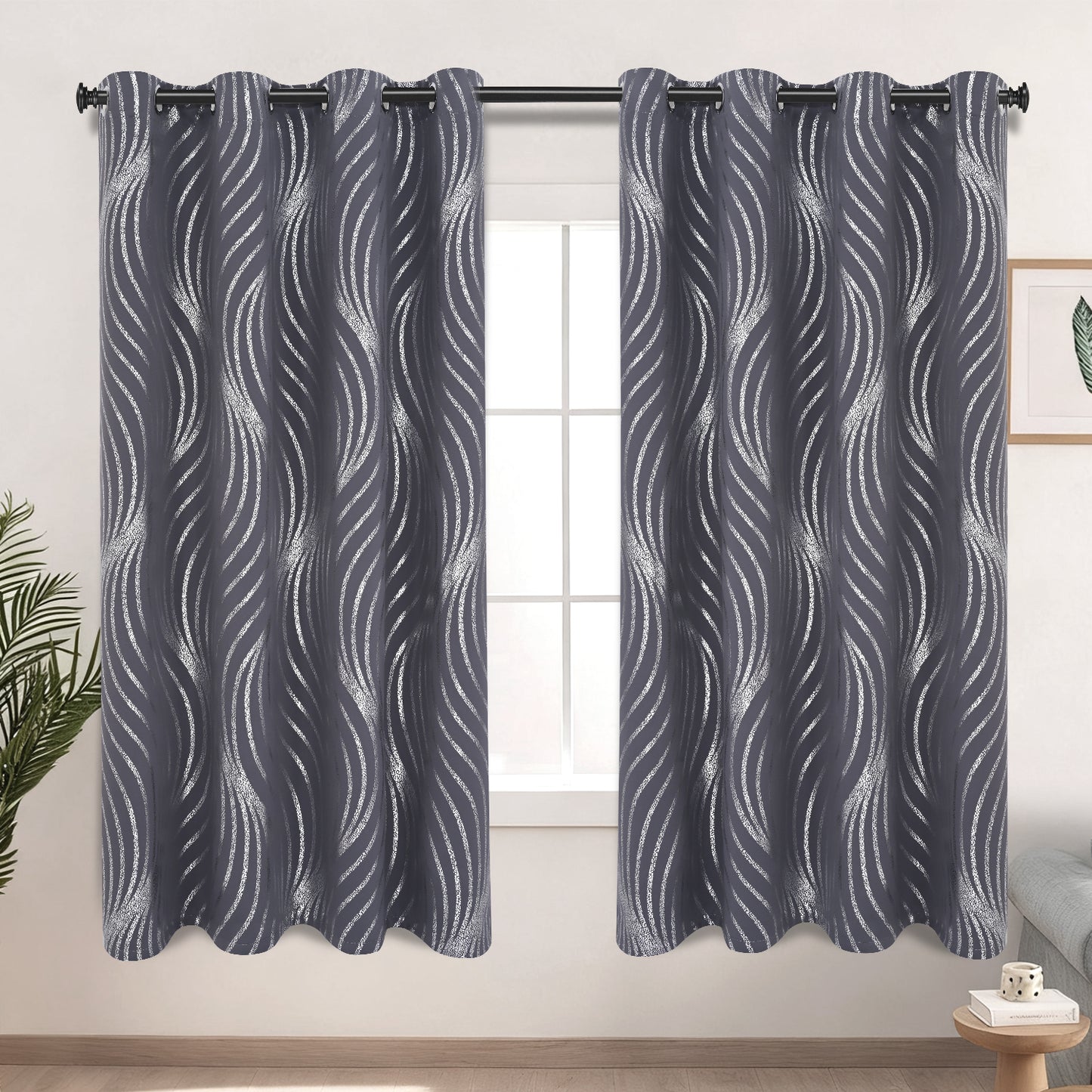 Alishomtll Dark Gray Blackout Curtains for Living Room ,Modern Metallic Silver Wave Pattern Bedroom Thermal Insulated Drapes ,2 Panel Set,52"x63"