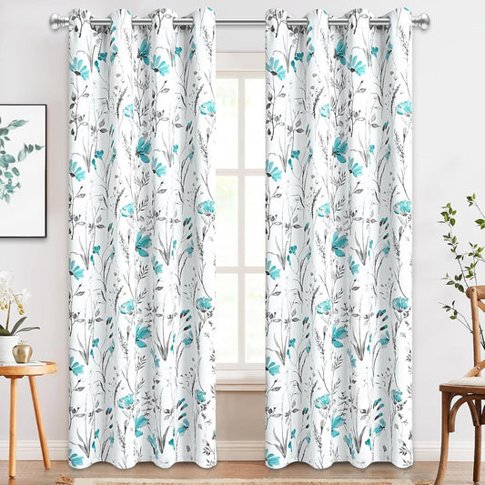 Alishomtll Teal Floral Blackout Curtains for Living Room Bedroom Energy Efficient Thermal Insulated Grommet Window Drapes, 52"x 84",Set of 2
