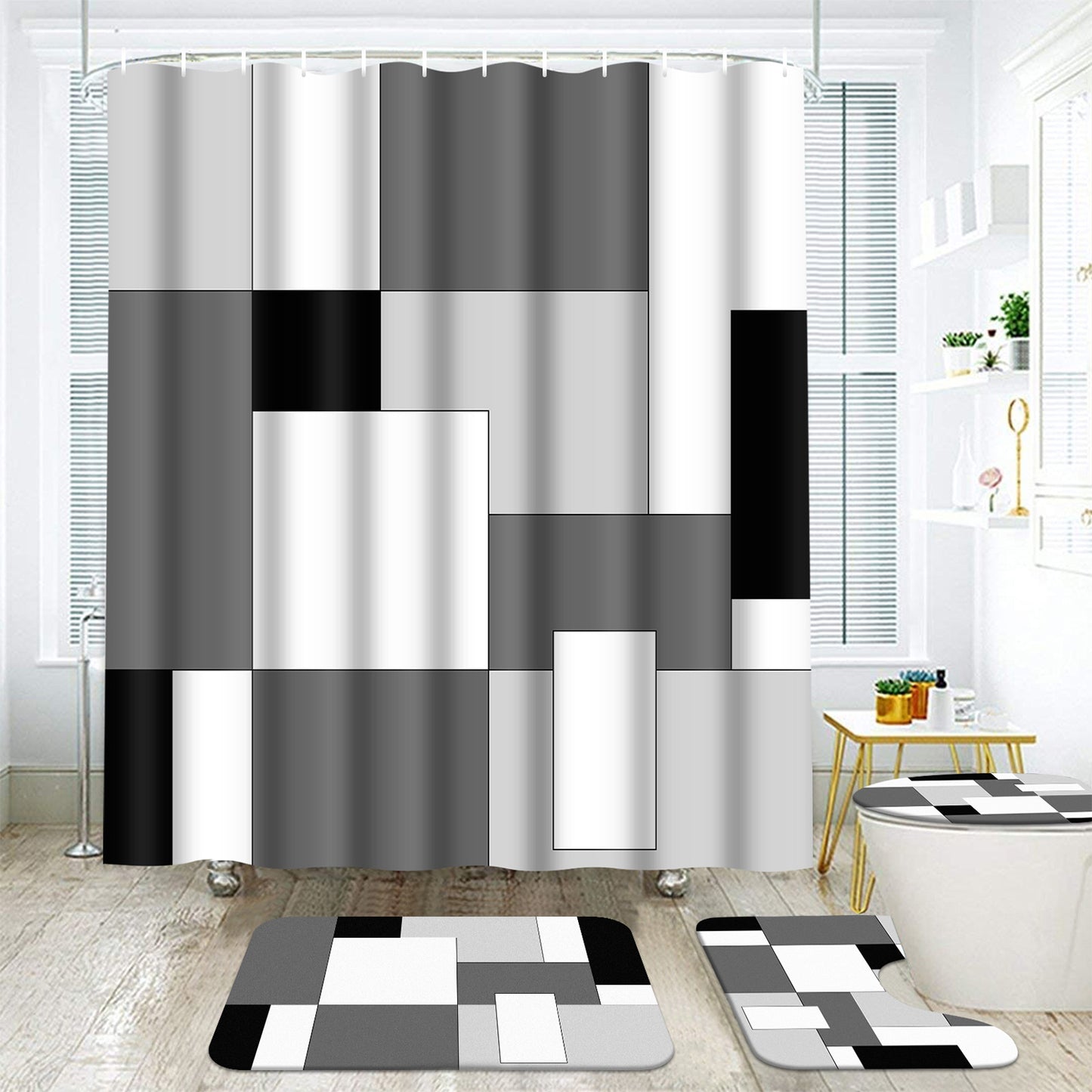FRAMICS Gray Geometric Shower Curtain and Rug Sets, 16 Pc Black White Checkered Bathroom Sets, Modern Abstract Waterproof Fabric Shower Curtain Sets with 12 Hooks