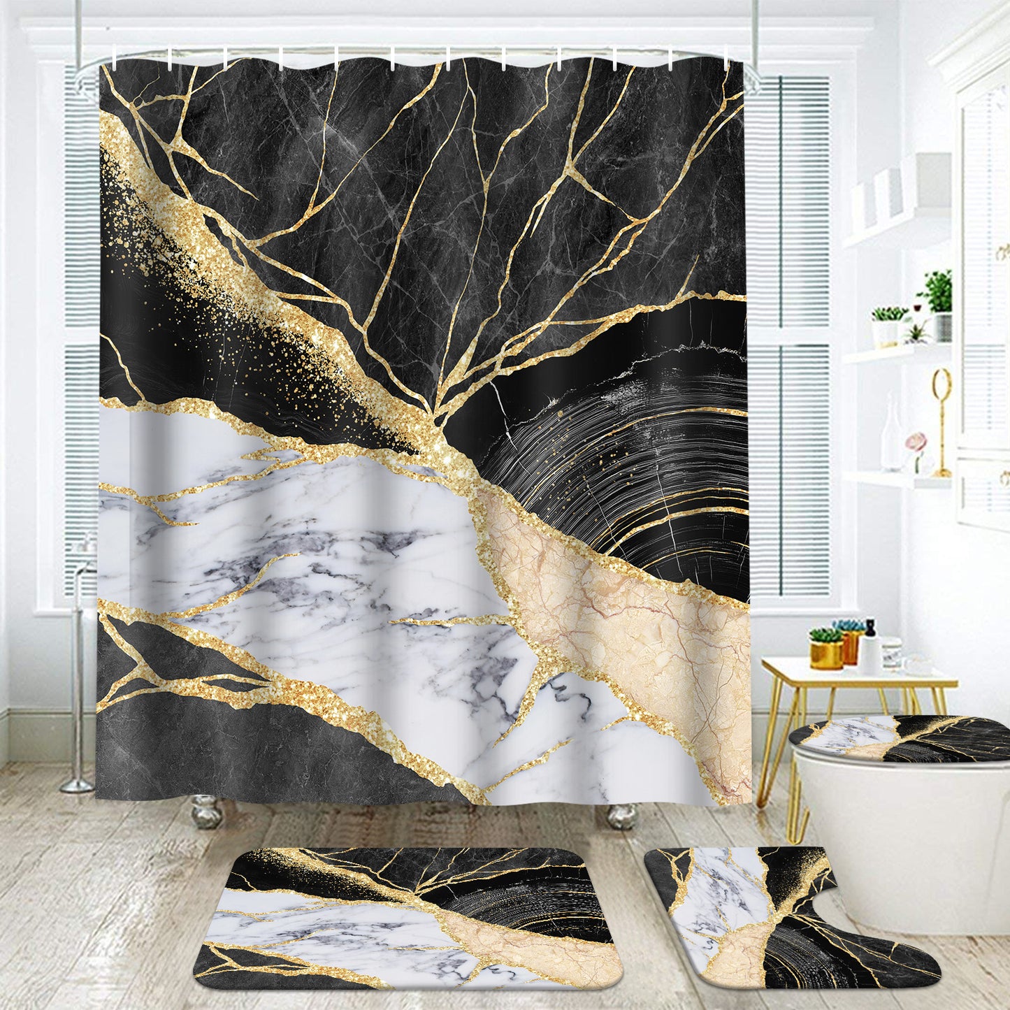 FRAMICS Black Gold Marble Shower Curtain and Rug Sets, 16 Pc Modern Bathroom Sets, Waterproof Fabric Shower Curtain with 12 Hooks and Toilet Rugs