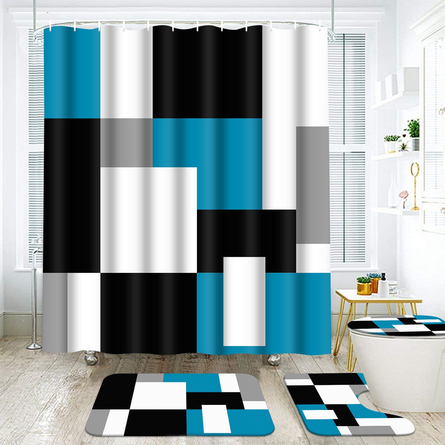 FRAMICS Blue Geometric Shower Curtain and Rug Sets, 16 Pc Black Grey Modern Abstract Bathroom Sets, Waterproof Fabric Shower Curtain with 12 Hooks and Toilet Rugs