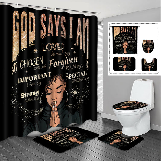 FRAMICS Black Girl with Glitter Quotes Pattern Polyester Shower Curtain and Rug Sets, 16 Pc Bathroom Sets with Non-Slip Mats, Waterproof Shower Curtain with 12 Hooks and Toilet Rugs