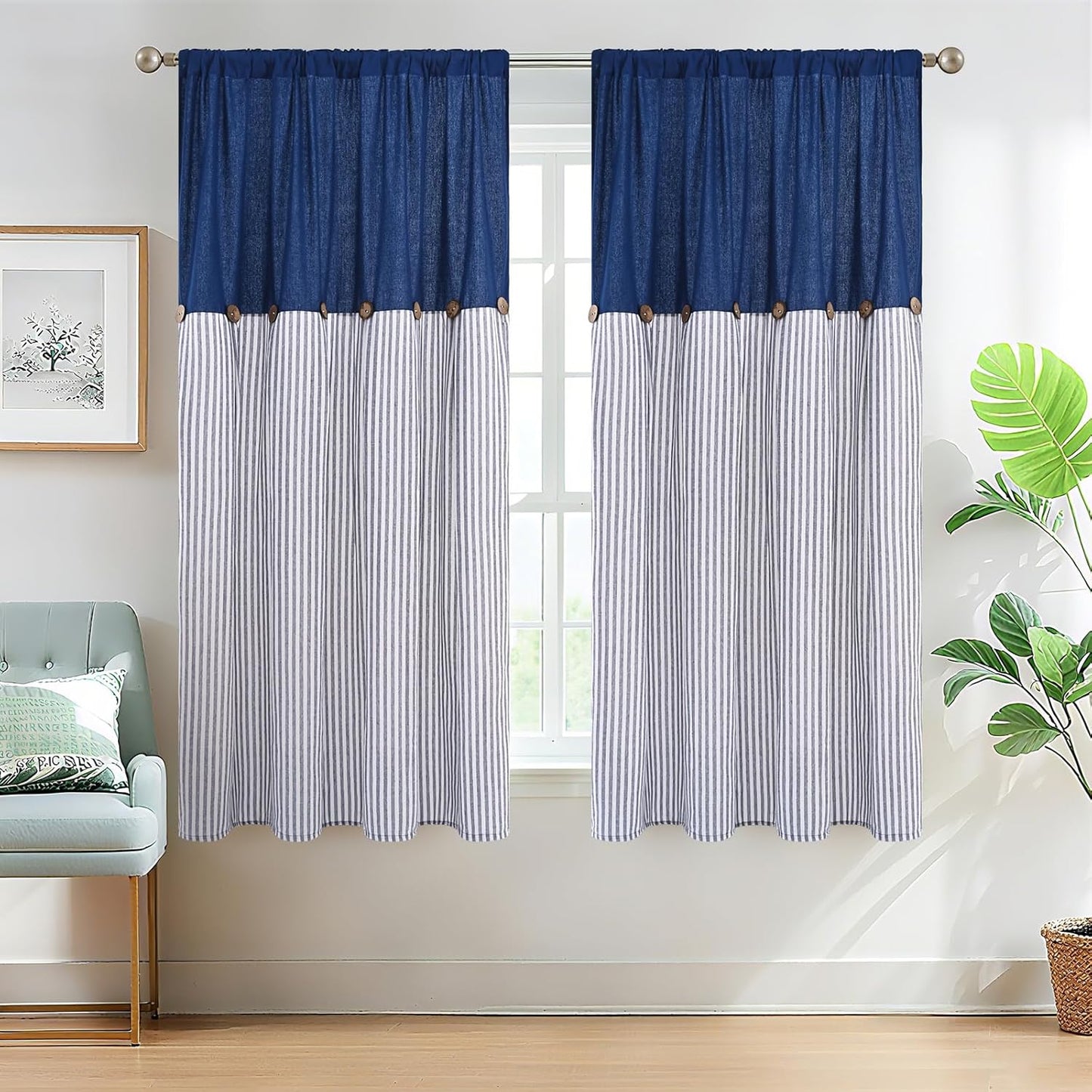 Alishomtll Farmhouse Curtains Natural Stripe Cotton Linen Button Boho Rustic Rod Pocket Back Tab Window Drapes for Living Room , 2 Panels