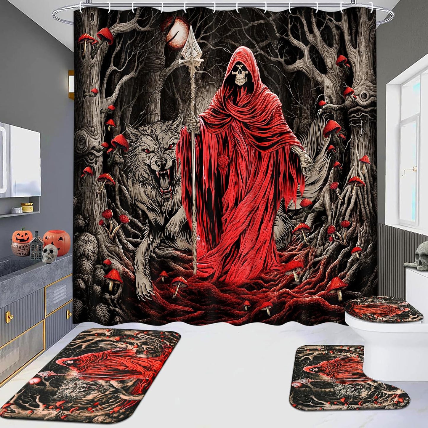 FRAMICS Halloween Death Shower Curtain Sets with Rugs, 16 Pc Goth Scary Skull Bathroom Sets, Red Waterproof Fabric Shower Curtain with 12 Hooks and Toilet Rugs