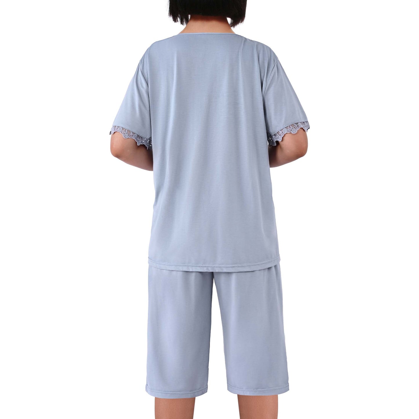 MecTo Womens Pajama Sets Cotton Lace Pj Set Short Sleeve Top with Capri Pants Sleepwear 2 Piece Lounge Set