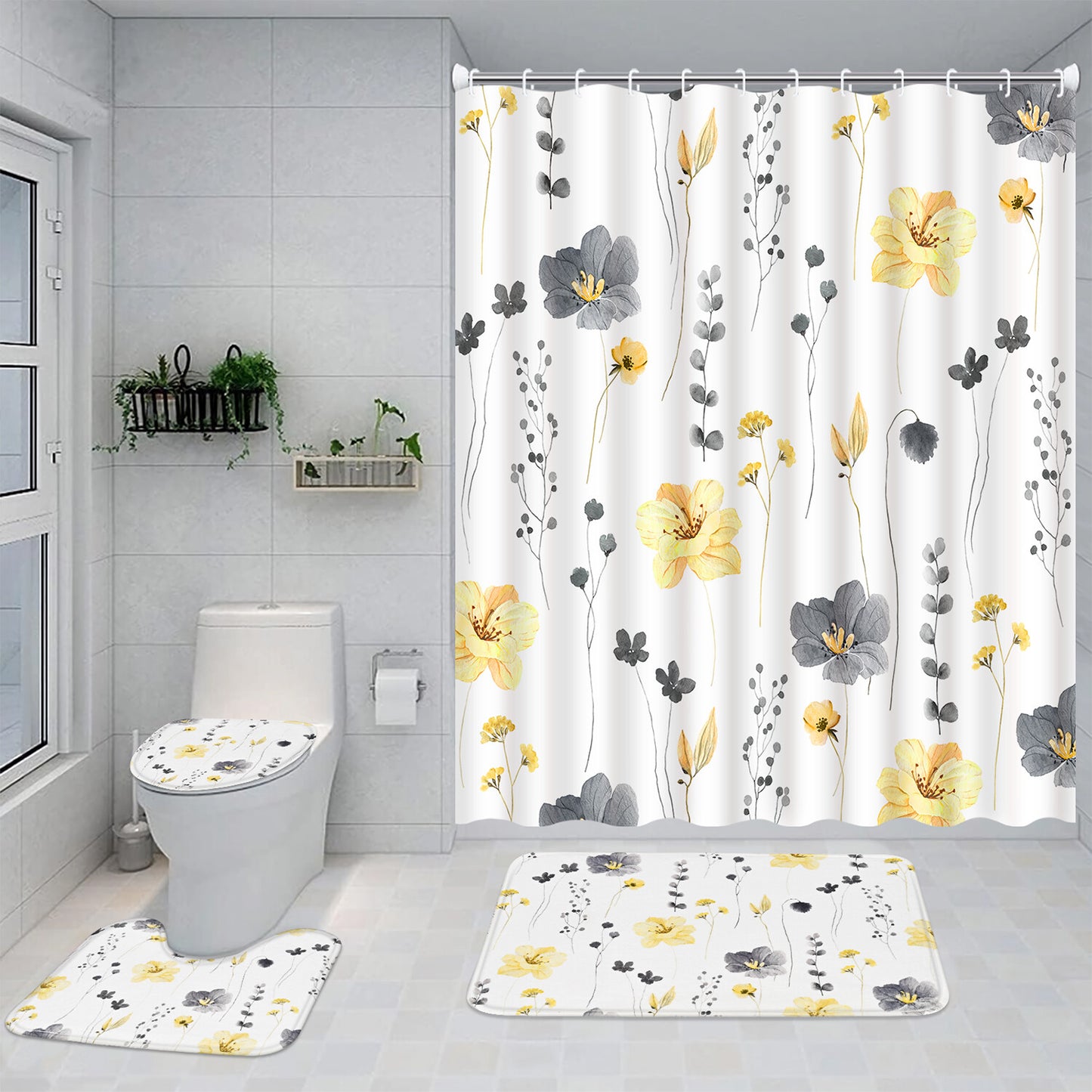 FRAMICS Yellow Grey Floral Shower Curtain Sets, 16 Pc Watercolor Flower Bathroom Sets with Rugs, Modern Minimalist White Waterproof Fabric Bathroom Curtain Decor with Hooks