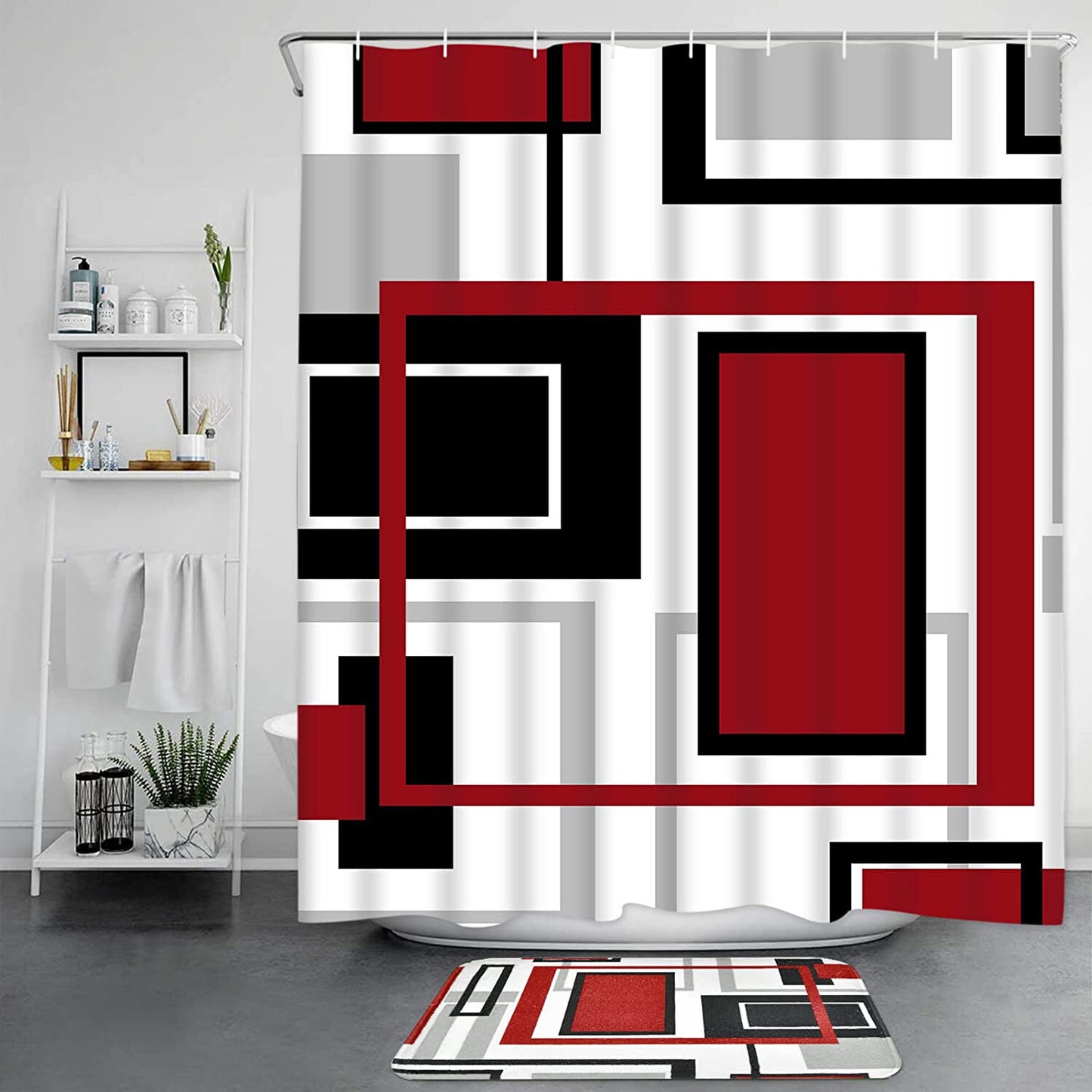 FRAMICS Red Black Geometric Shower Curtain and Rug Sets, 16 Pc Modern Abstract Bathroom Sets, Waterproof Fabric Shower Curtain with 12 Hooks and Toilet Rugs