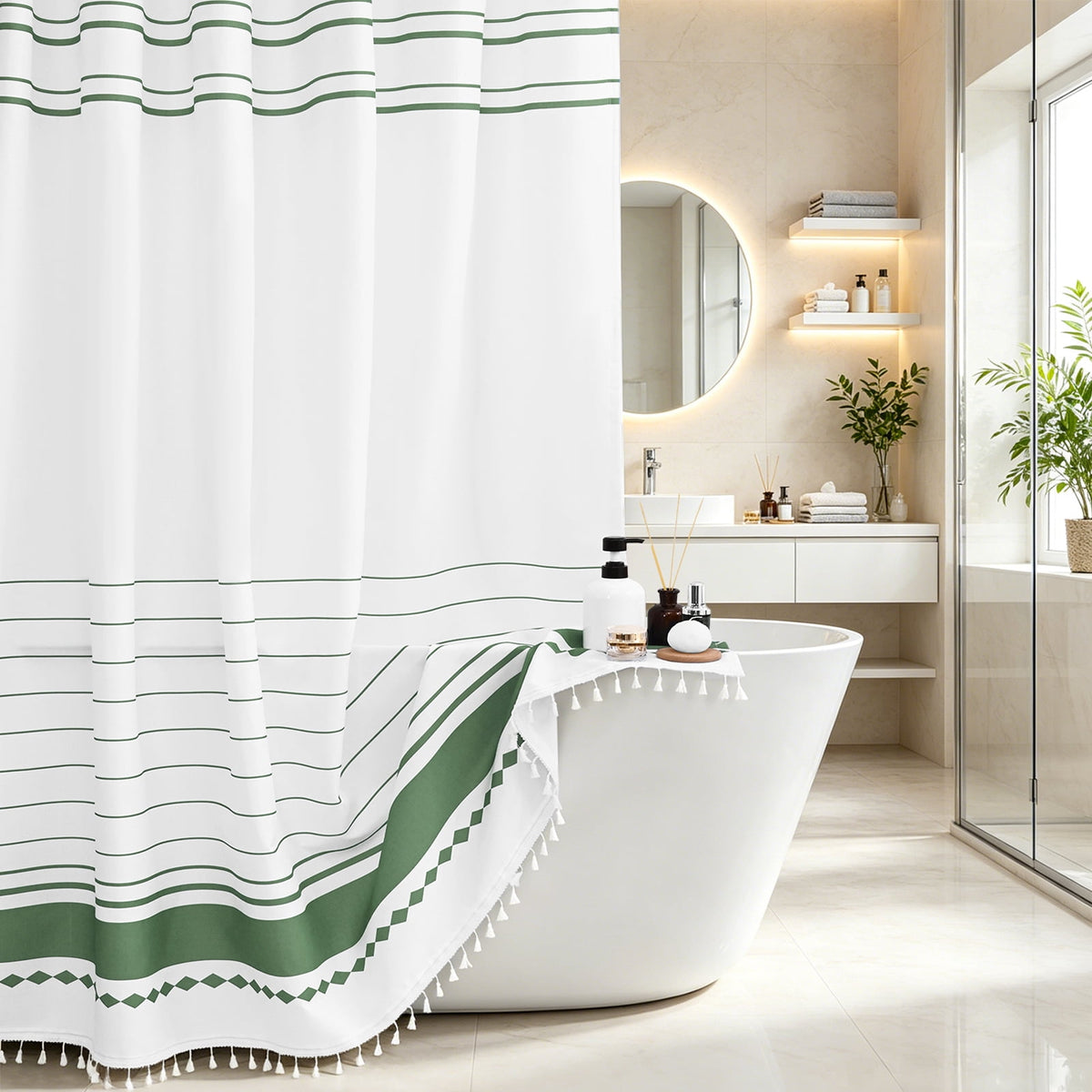 FRAMICS Striped Tassel Shower Curtain Sets with Bath Rug, Boho Farmhouse Water-Repellent Fabric Bathroom Sets with Hooks, Slub Textured Design, 72" x 72", Sage Green