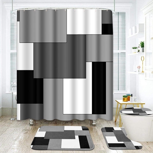 FRAMICS Gray Geometric Shower Curtain and Rug Sets, 16 Pc Black White Checkered Bathroom Sets, Modern Abstract Waterproof Fabric Shower Curtain Sets with 12 Hooks