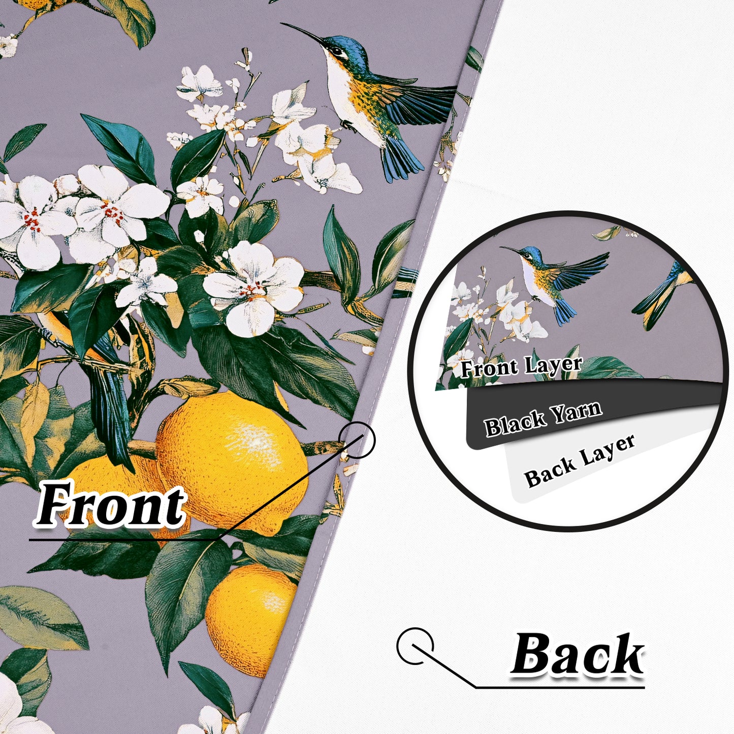 Alishomtll Floral Lemon Hummingbird Blackout Curtains Room Darkening Grommet Window Drapes for Living Room , 52"x63", ,Set of 2 Panels,Grey