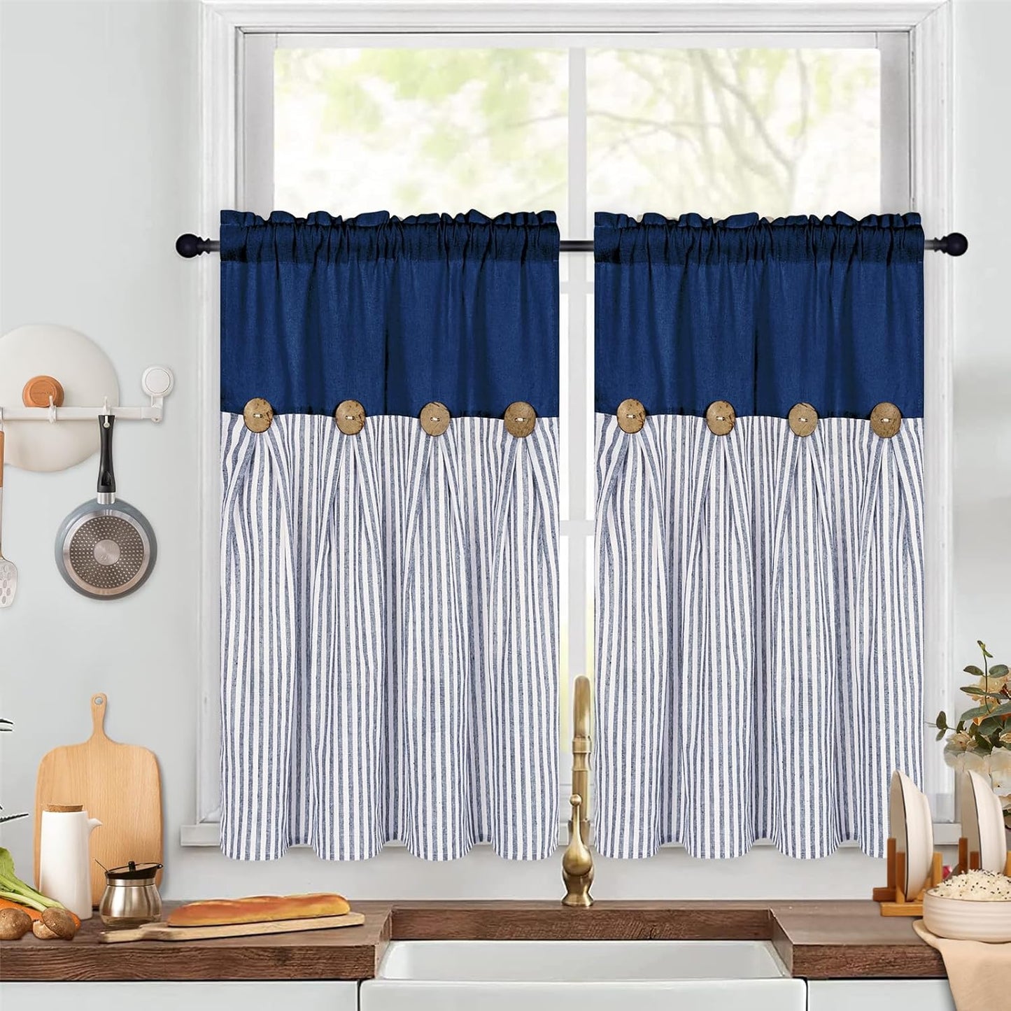 Alishomtll Stripe Kitchen Curtains 8 Button Linen Cotton Window Curtains Sets 36 Inches Long ,Rod Pocket