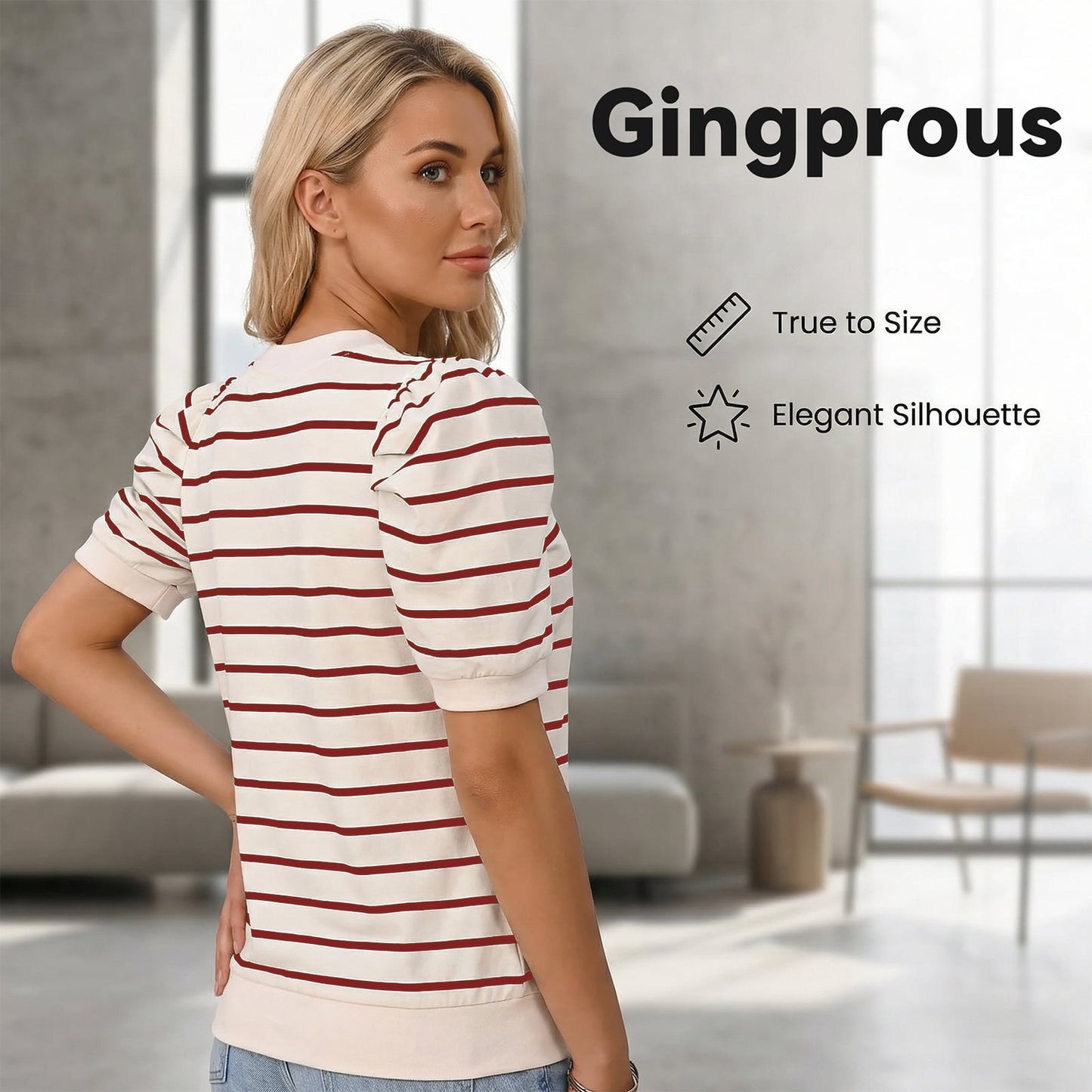 Gingprous Women's Puff Short Sleeve Striped Knit Top Casual Crewneck Blouse for Spring Summer
