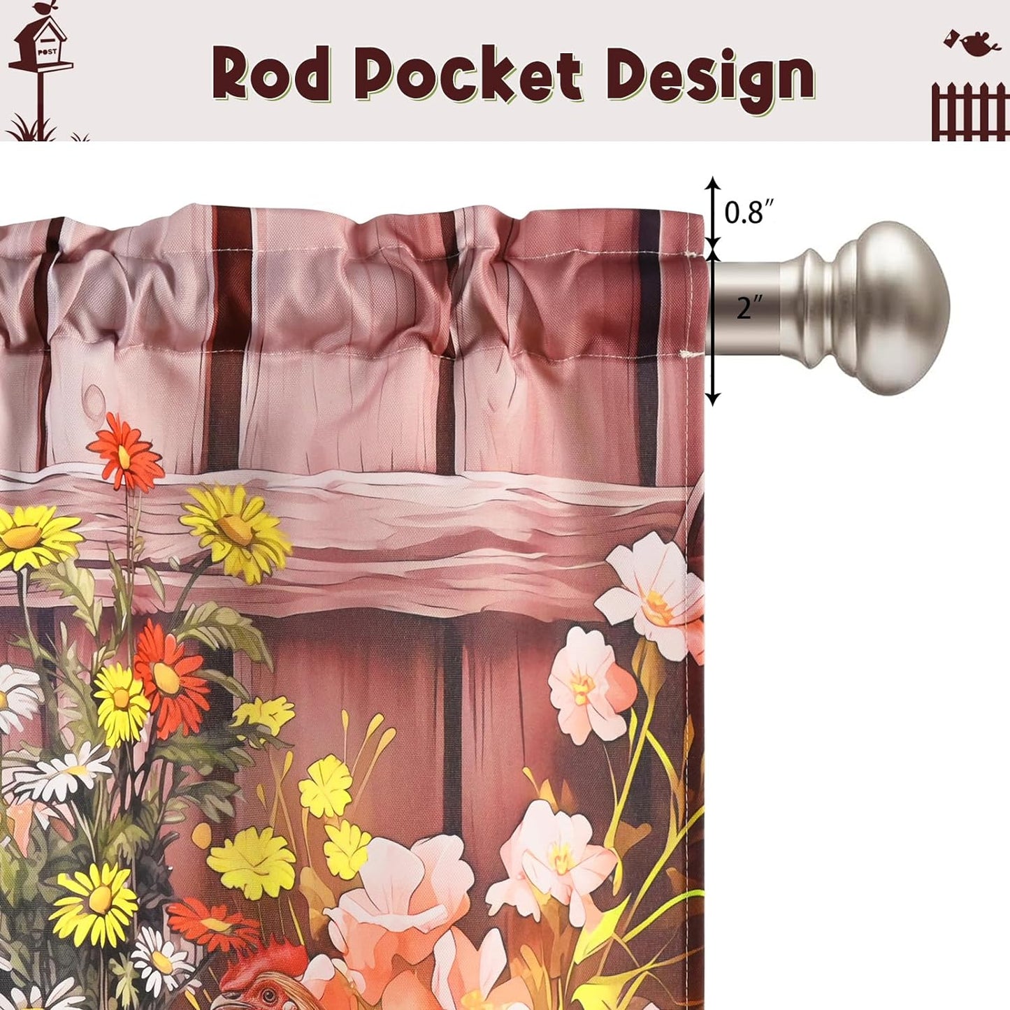 Alishomtll Farmhouse Rooster Valances Curtains for Kitchen Floral Rustic Rod Pocket Living Room Bedroom Small Window Drapes, 60''W x 18''L