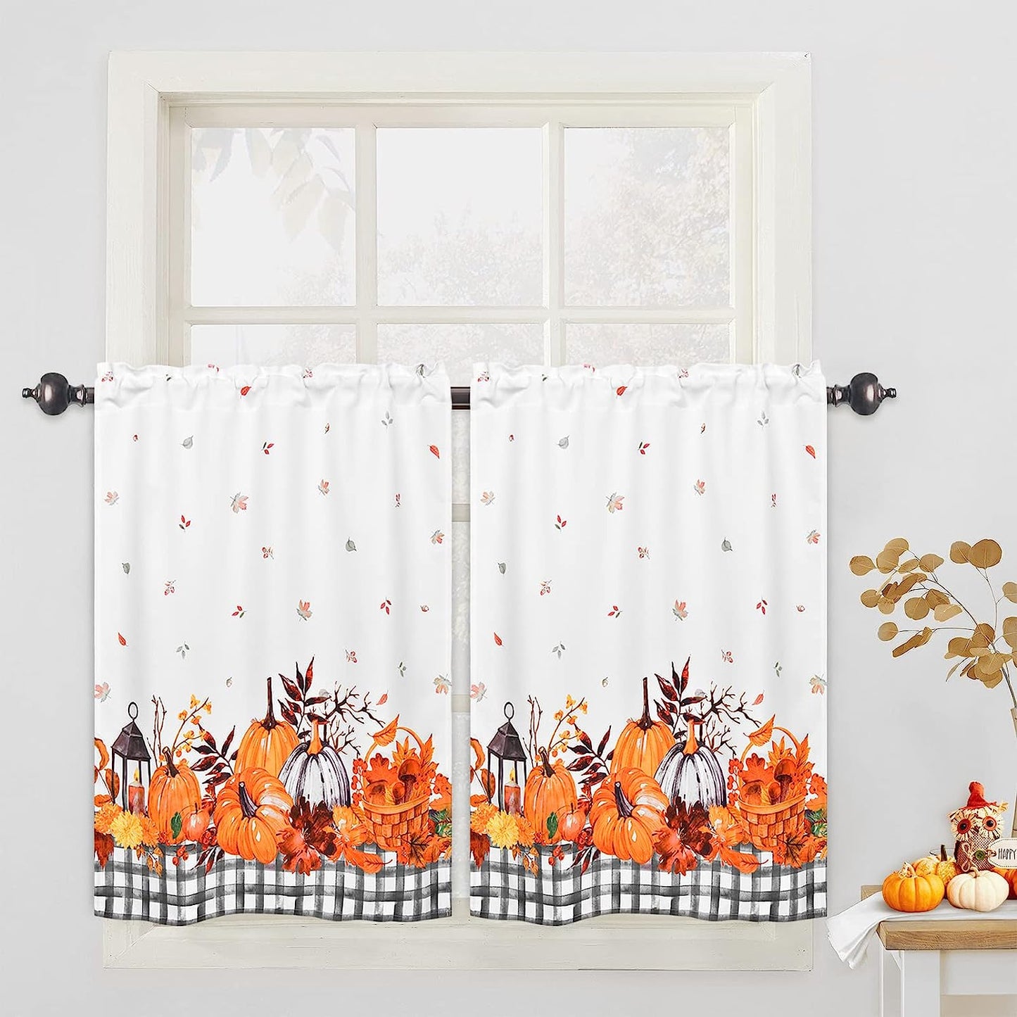 Alishomtll Thanksgiving Fall Tier Curtains for Kitchen Maple Leaves Pumpkin Printed Short Window Curtain Sets in 36 Length