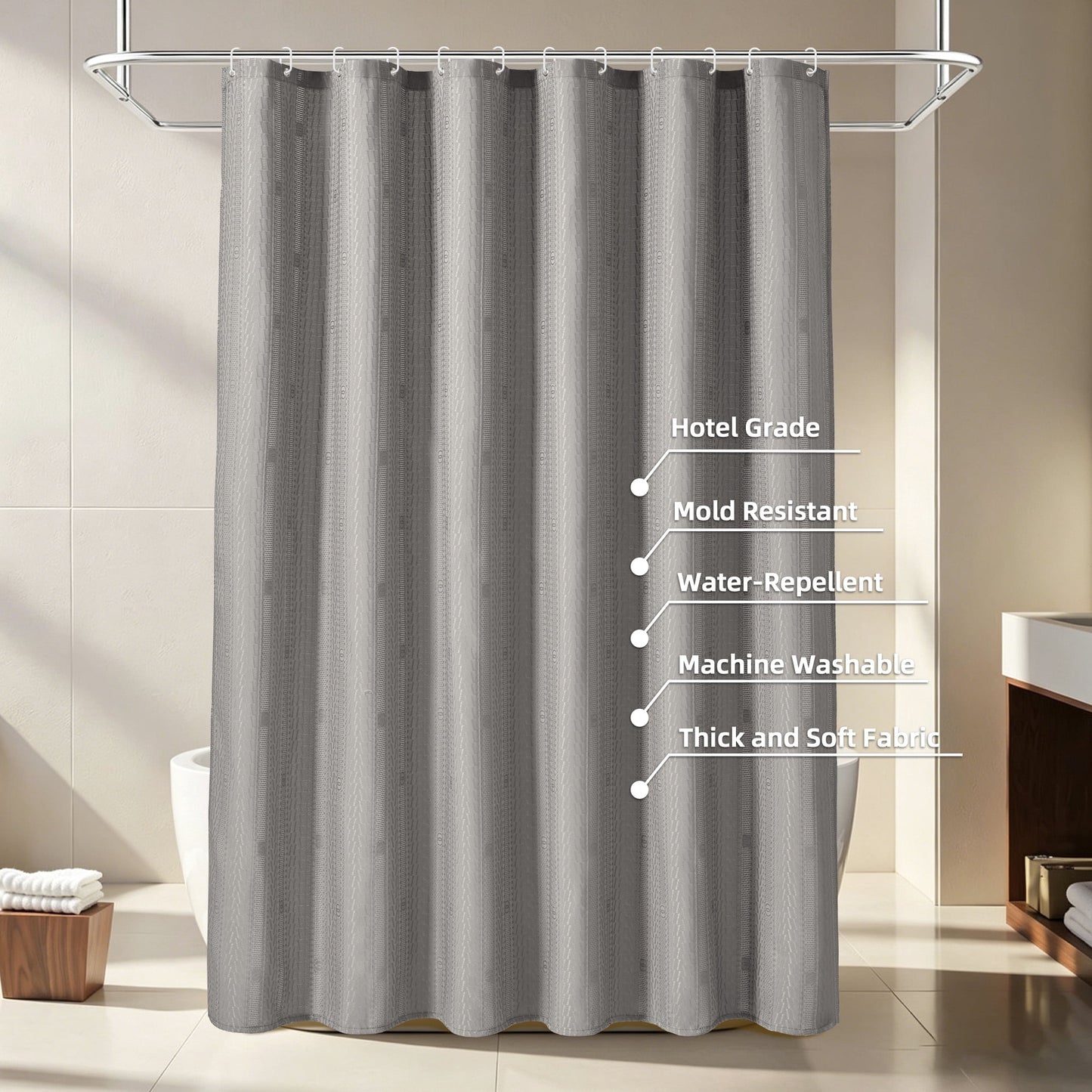 FRAMICS Waffle Shower Curtain Sets with Rug and Hooks, 14-Piece Thick Weighted Fabric Bathroom Sets, Wrinkle and Mildew-Resistant, Gray