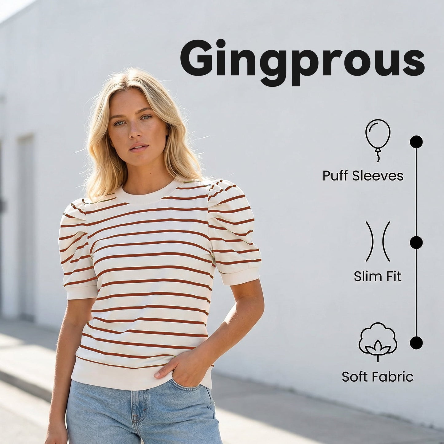 Gingprous Womens Puff Short Sleeve Tshirt Trendy Striped Knit Tops Casual Spring Summer Crewneck Blouse